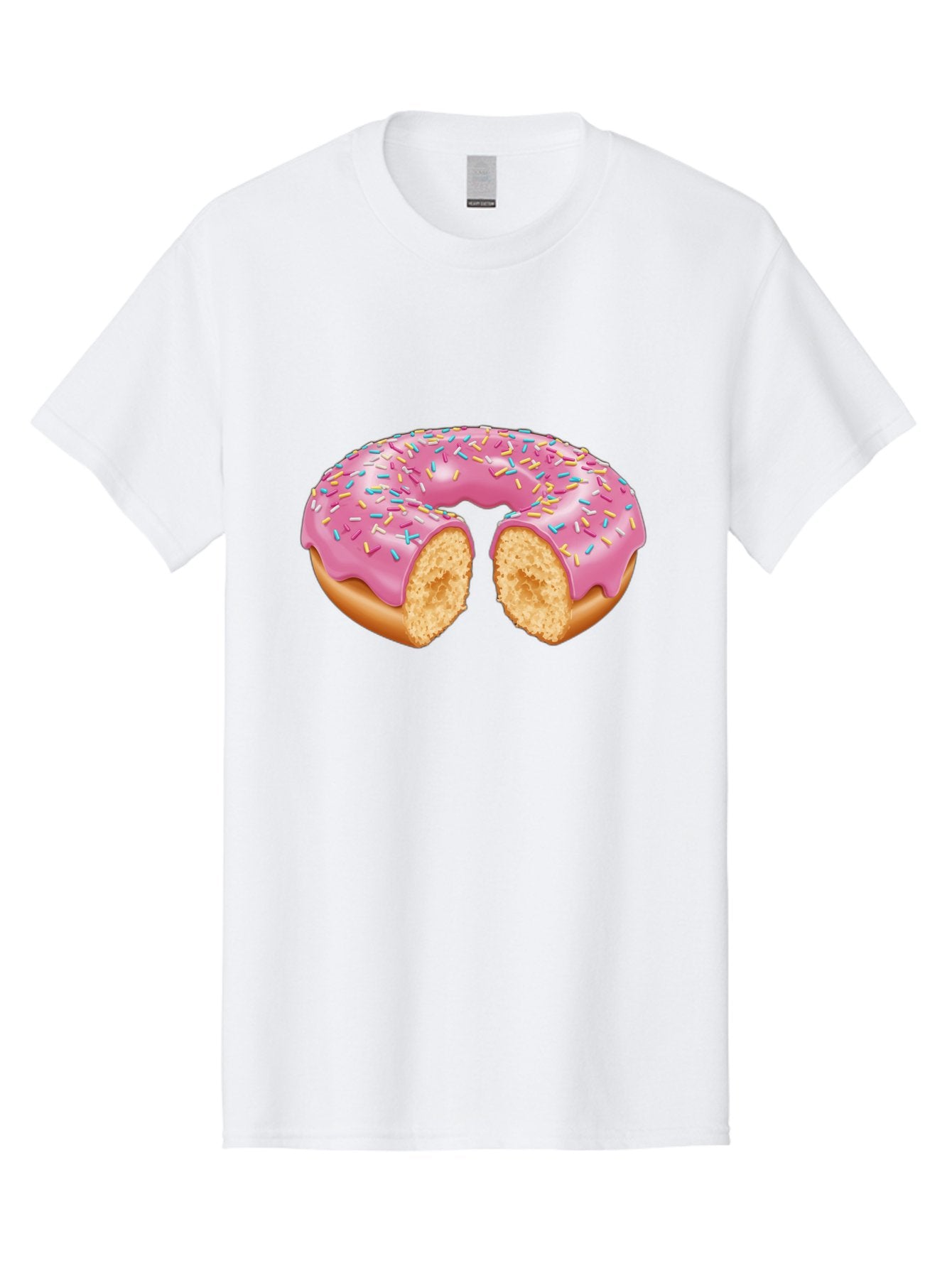 Donut-With-Pink-Frosting-And-Sprinkles-Cut-In-Half Men'S Graphic Tee, 100% Cotton, Comfortable Casual Summer Wear, Machine Washable, Pink Frosted Donut, Donut With Sprinkles, Bitten Donut, Sweet Treats, Dessert, Baked Goods, Tasty Donut, Baa515 15