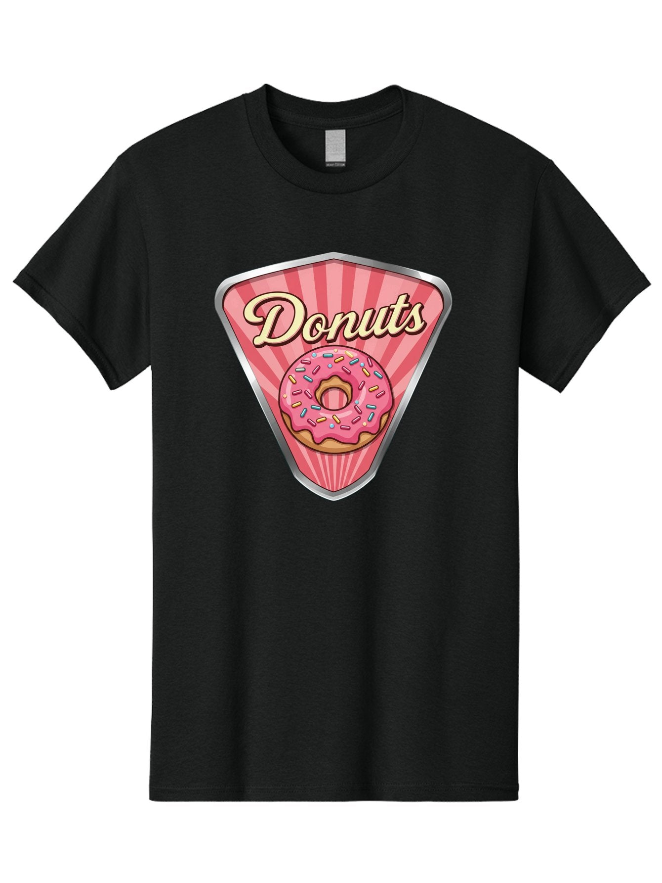 Donuts-1 Men'S Graphic Tee, 100% Cotton, Comfortable Casual Summer Wear, Machine Washable, Pink Frosted Donut, Colorful Sprinkles, Sweet Treats, Dessert Shop, Bakery Logo, Tasty Donuts, Donut Illustration, Pink Stripes, Silver Border, Baa519 15