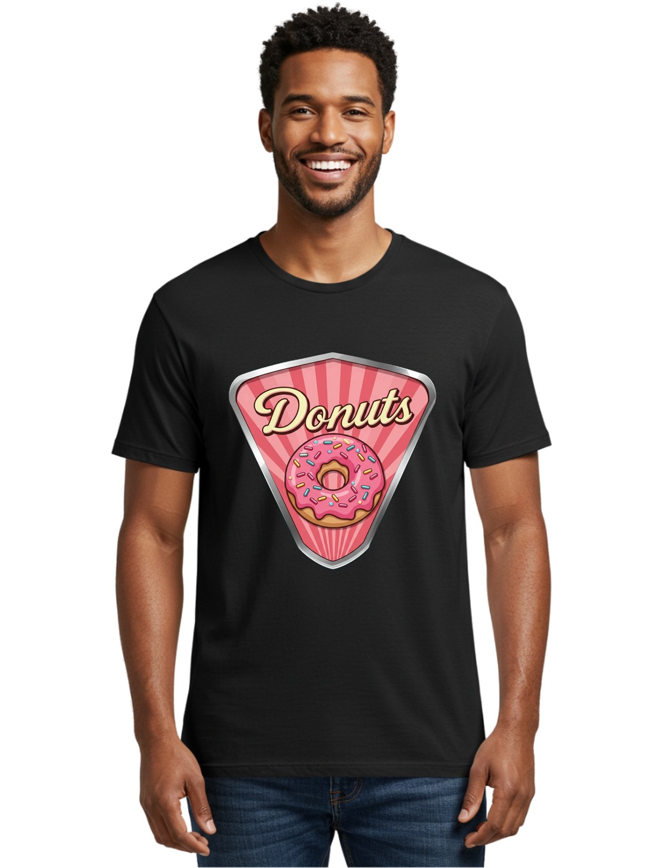 Donuts-1 Men'S Graphic Tee, 100% Cotton, Comfortable Casual Summer Wear, Machine Washable, Pink Frosted Donut, Colorful Sprinkles, Sweet Treats, Dessert Shop, Bakery Logo, Tasty Donuts, Donut Illustration, Pink Stripes, Silver Border, Baa519 30
