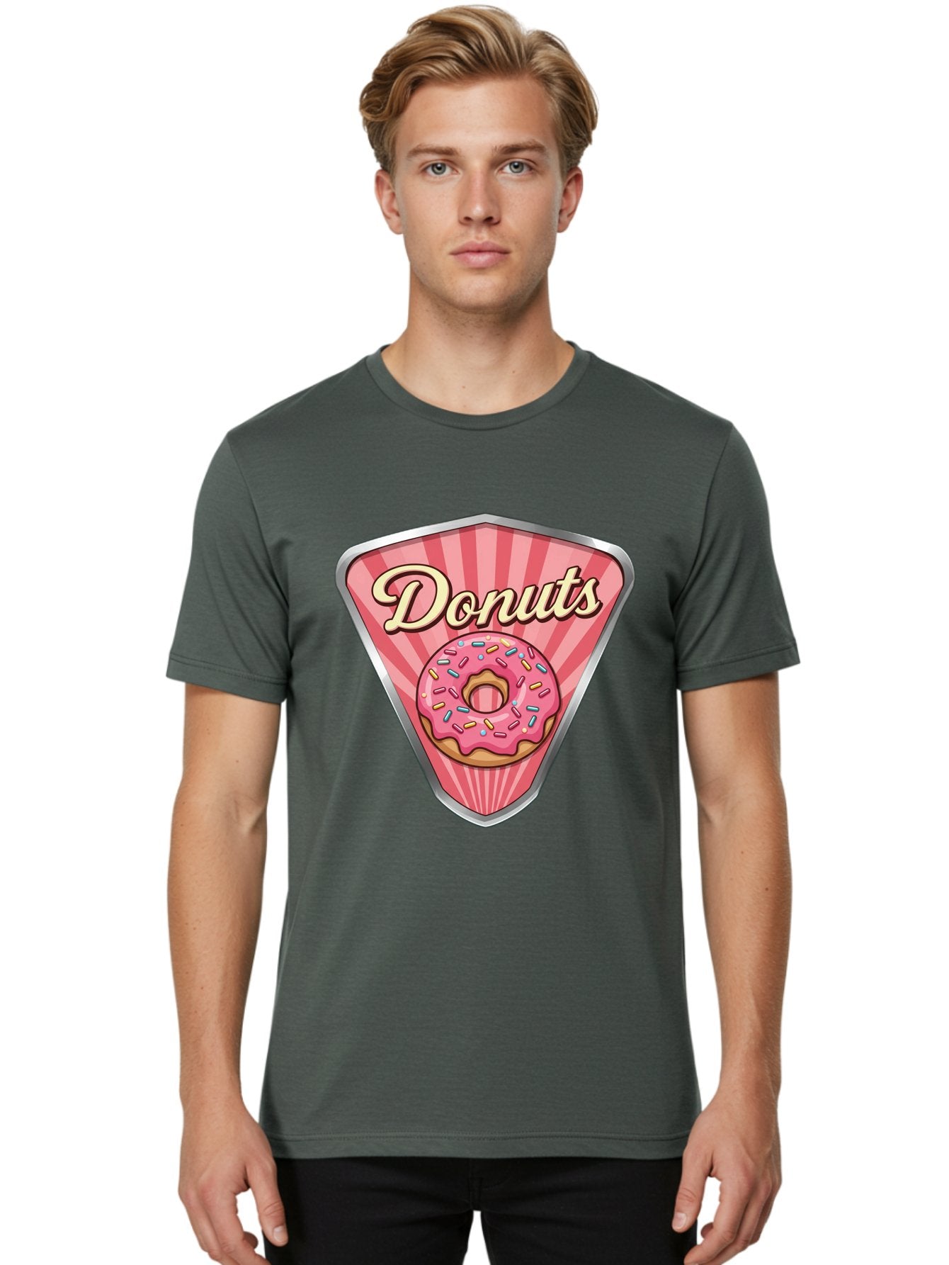Donuts-1 Men'S Graphic Tee, 100% Cotton, Comfortable Casual Summer Wear, Machine Washable, Pink Frosted Donut, Colorful Sprinkles, Sweet Treats, Dessert Shop, Bakery Logo, Tasty Donuts, Donut Illustration, Pink Stripes, Silver Border, Baa519 25