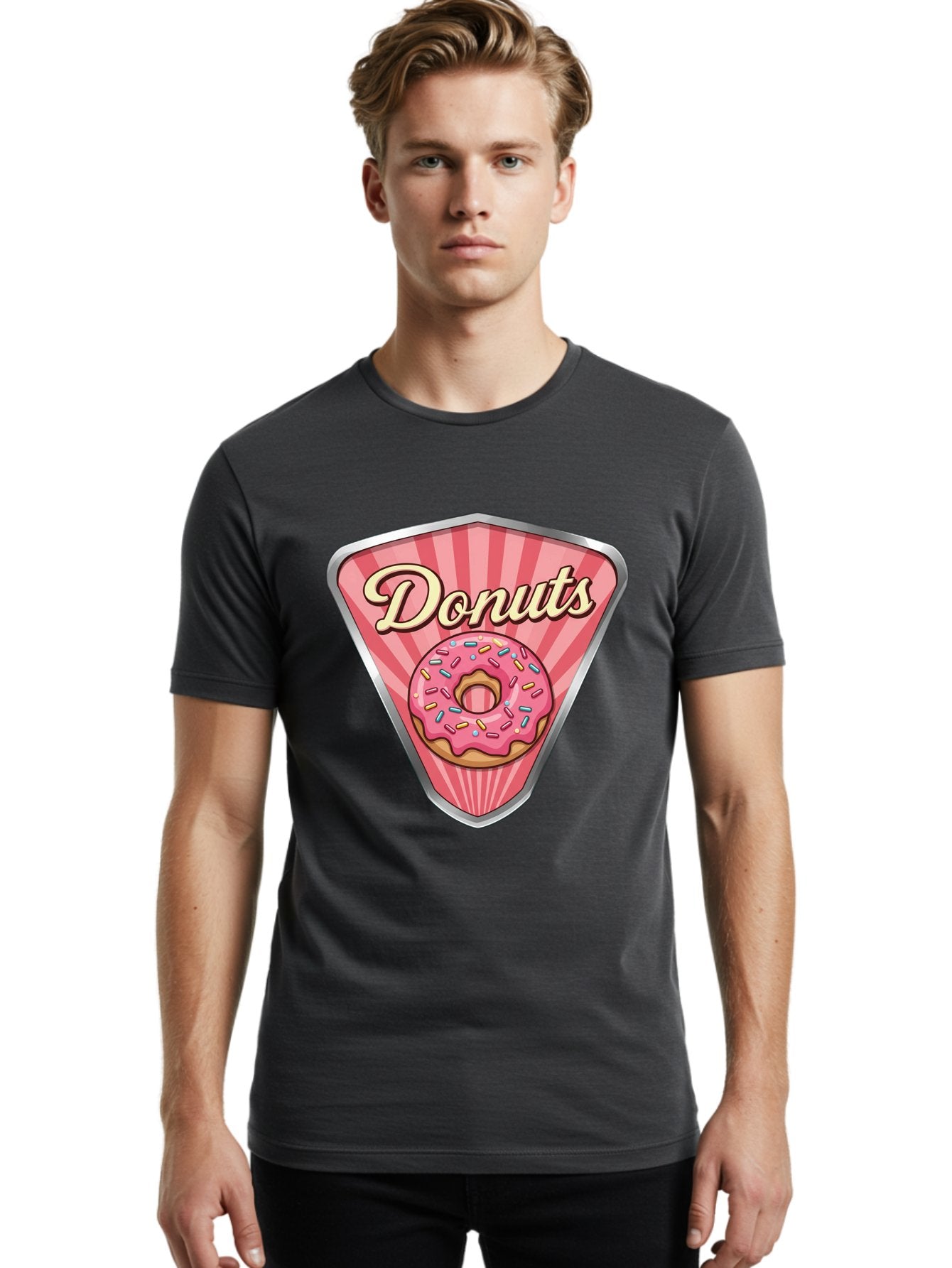 Donuts-1 Men'S Graphic Tee, 100% Cotton, Comfortable Casual Summer Wear, Machine Washable, Pink Frosted Donut, Colorful Sprinkles, Sweet Treats, Dessert Shop, Bakery Logo, Tasty Donuts, Donut Illustration, Pink Stripes, Silver Border, Baa519 23