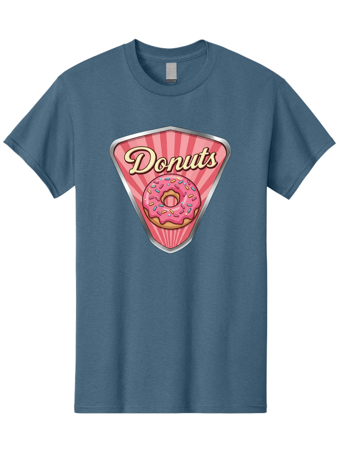 Donuts-1 Men'S Graphic Tee, 100% Cotton, Comfortable Casual Summer Wear, Machine Washable, Pink Frosted Donut, Colorful Sprinkles, Sweet Treats, Dessert Shop, Bakery Logo, Tasty Donuts, Donut Illustration, Pink Stripes, Silver Border, Baa519