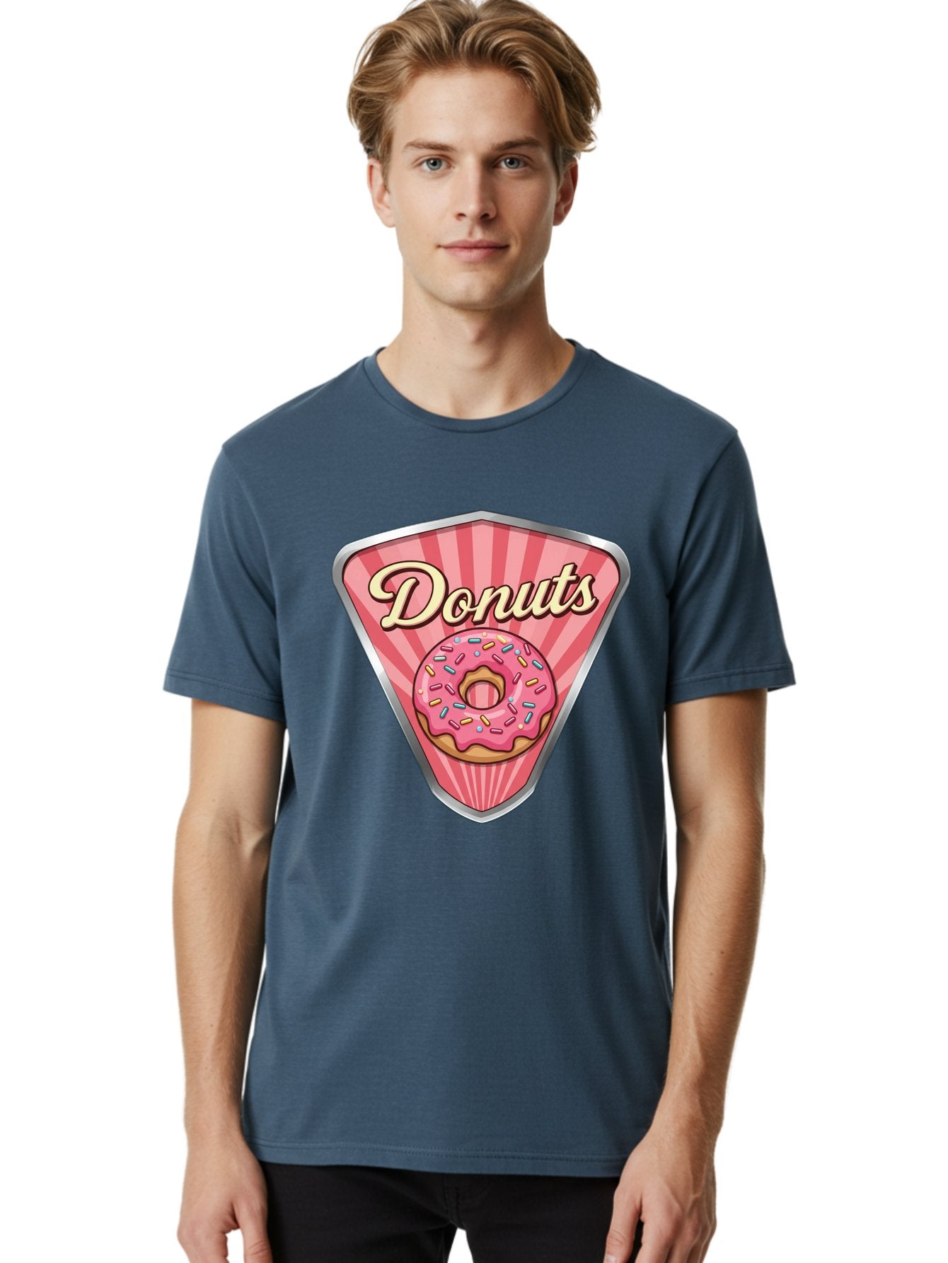Donuts-1 Men'S Graphic Tee, 100% Cotton, Comfortable Casual Summer Wear, Machine Washable, Pink Frosted Donut, Colorful Sprinkles, Sweet Treats, Dessert Shop, Bakery Logo, Tasty Donuts, Donut Illustration, Pink Stripes, Silver Border, Baa519 21