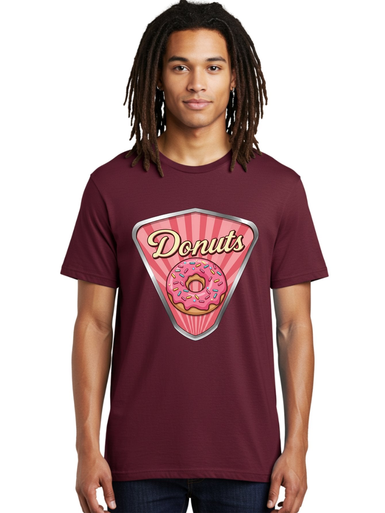 Donuts-1 Men'S Graphic Tee, 100% Cotton, Comfortable Casual Summer Wear, Machine Washable, Pink Frosted Donut, Colorful Sprinkles, Sweet Treats, Dessert Shop, Bakery Logo, Tasty Donuts, Donut Illustration, Pink Stripes, Silver Border, Baa519 22