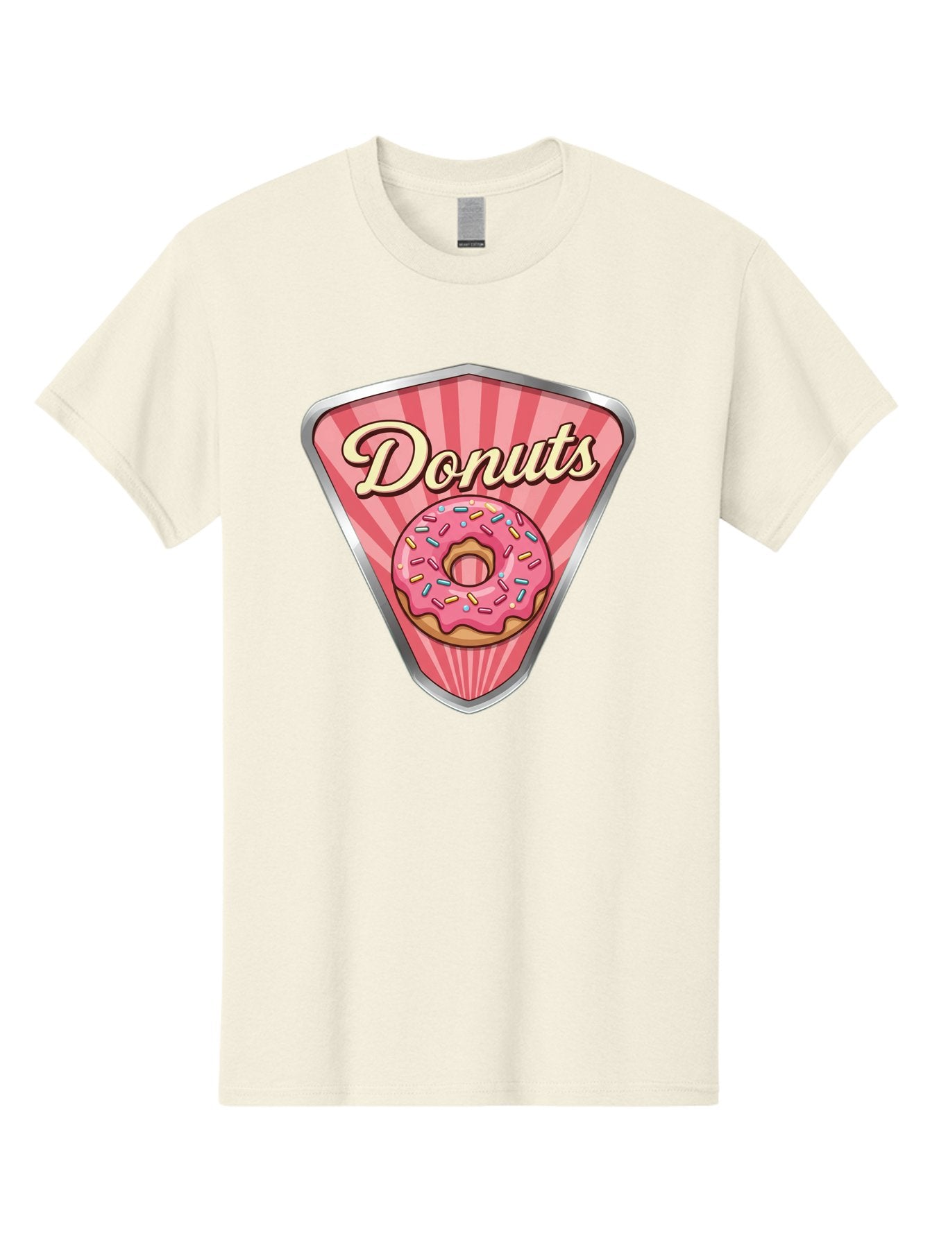 Donuts-1 Men'S Graphic Tee, 100% Cotton, Comfortable Casual Summer Wear, Machine Washable, Pink Frosted Donut, Colorful Sprinkles, Sweet Treats, Dessert Shop, Bakery Logo, Tasty Donuts, Donut Illustration, Pink Stripes, Silver Border, Baa519 9