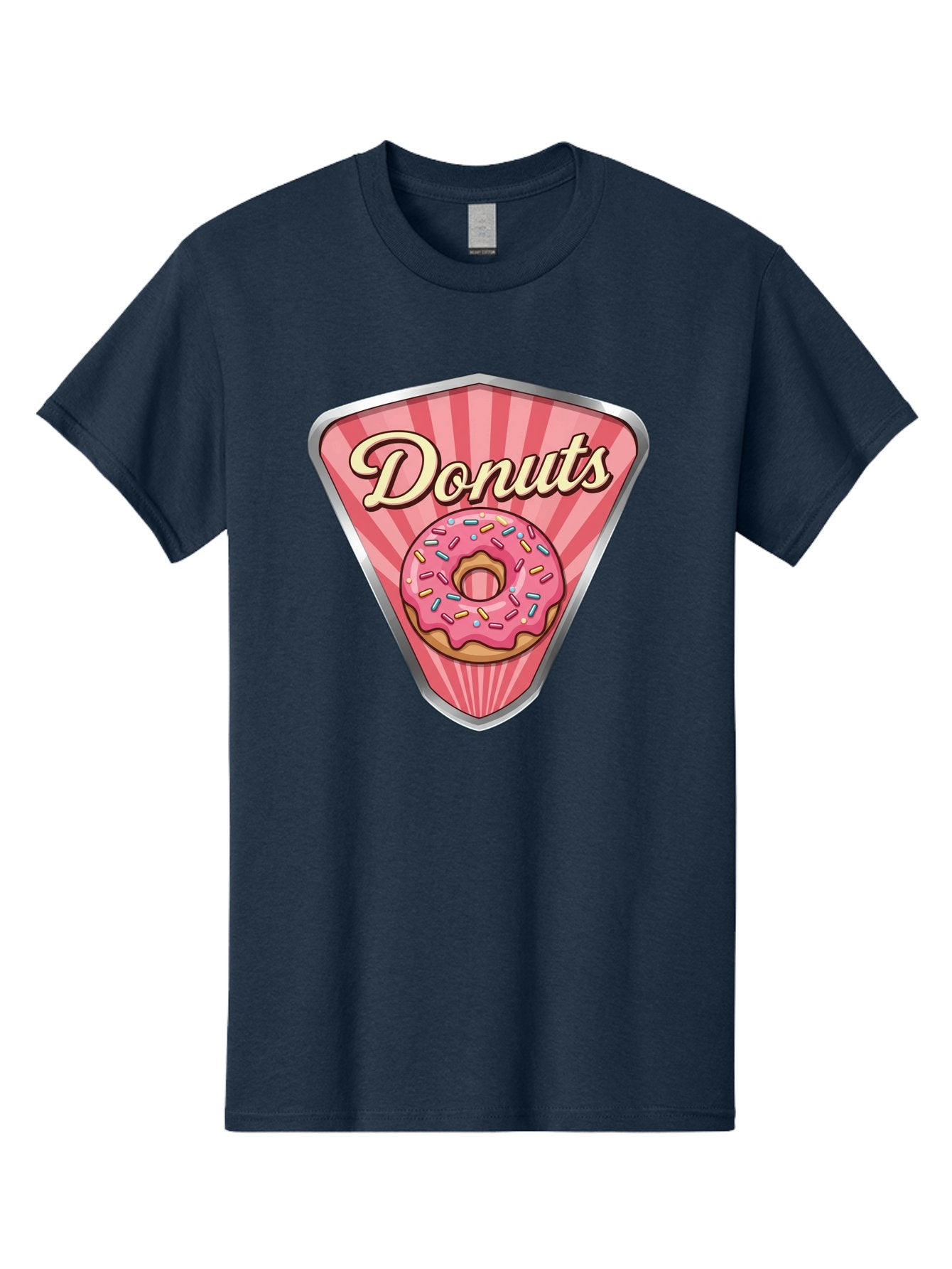 Donuts-1 Men'S Graphic Tee, 100% Cotton, Comfortable Casual Summer Wear, Machine Washable, Pink Frosted Donut, Colorful Sprinkles, Sweet Treats, Dessert Shop, Bakery Logo, Tasty Donuts, Donut Illustration, Pink Stripes, Silver Border, Baa519