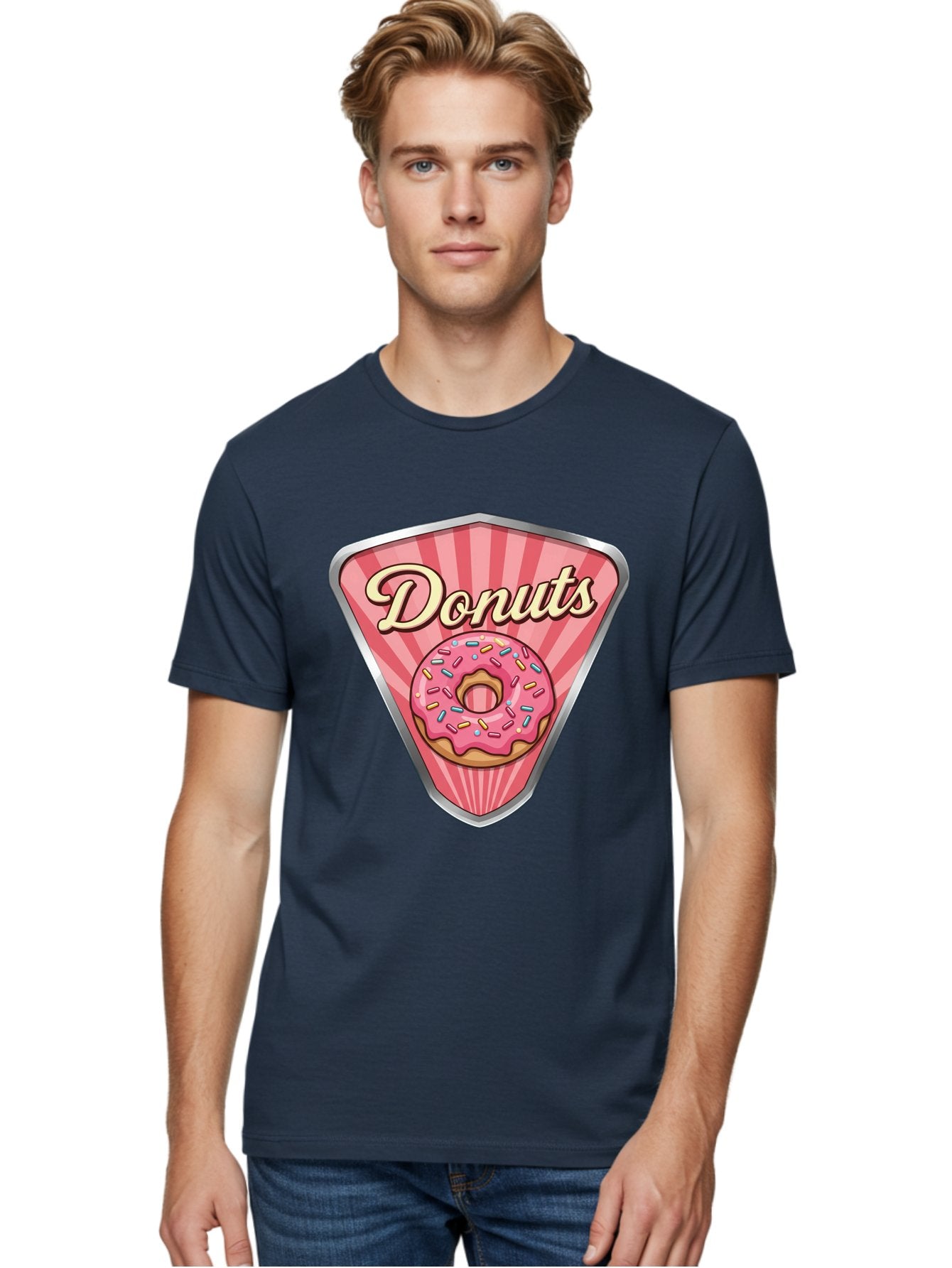 Donuts-1 Men'S Graphic Tee, 100% Cotton, Comfortable Casual Summer Wear, Machine Washable, Pink Frosted Donut, Colorful Sprinkles, Sweet Treats, Dessert Shop, Bakery Logo, Tasty Donuts, Donut Illustration, Pink Stripes, Silver Border, Baa519 19