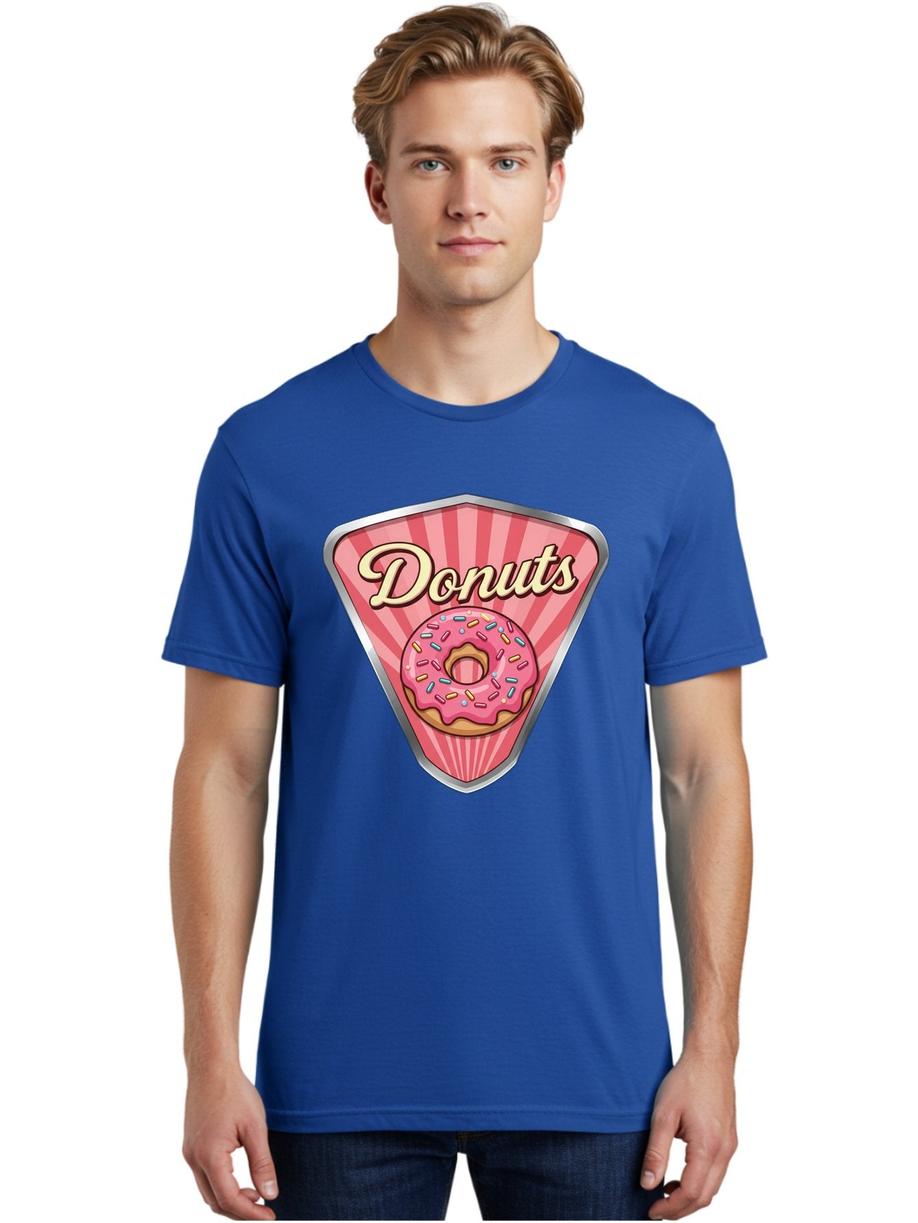 Donuts-1 Men'S Graphic Tee, 100% Cotton, Comfortable Casual Summer Wear, Machine Washable, Pink Frosted Donut, Colorful Sprinkles, Sweet Treats, Dessert Shop, Bakery Logo, Tasty Donuts, Donut Illustration, Pink Stripes, Silver Border, Baa519 28