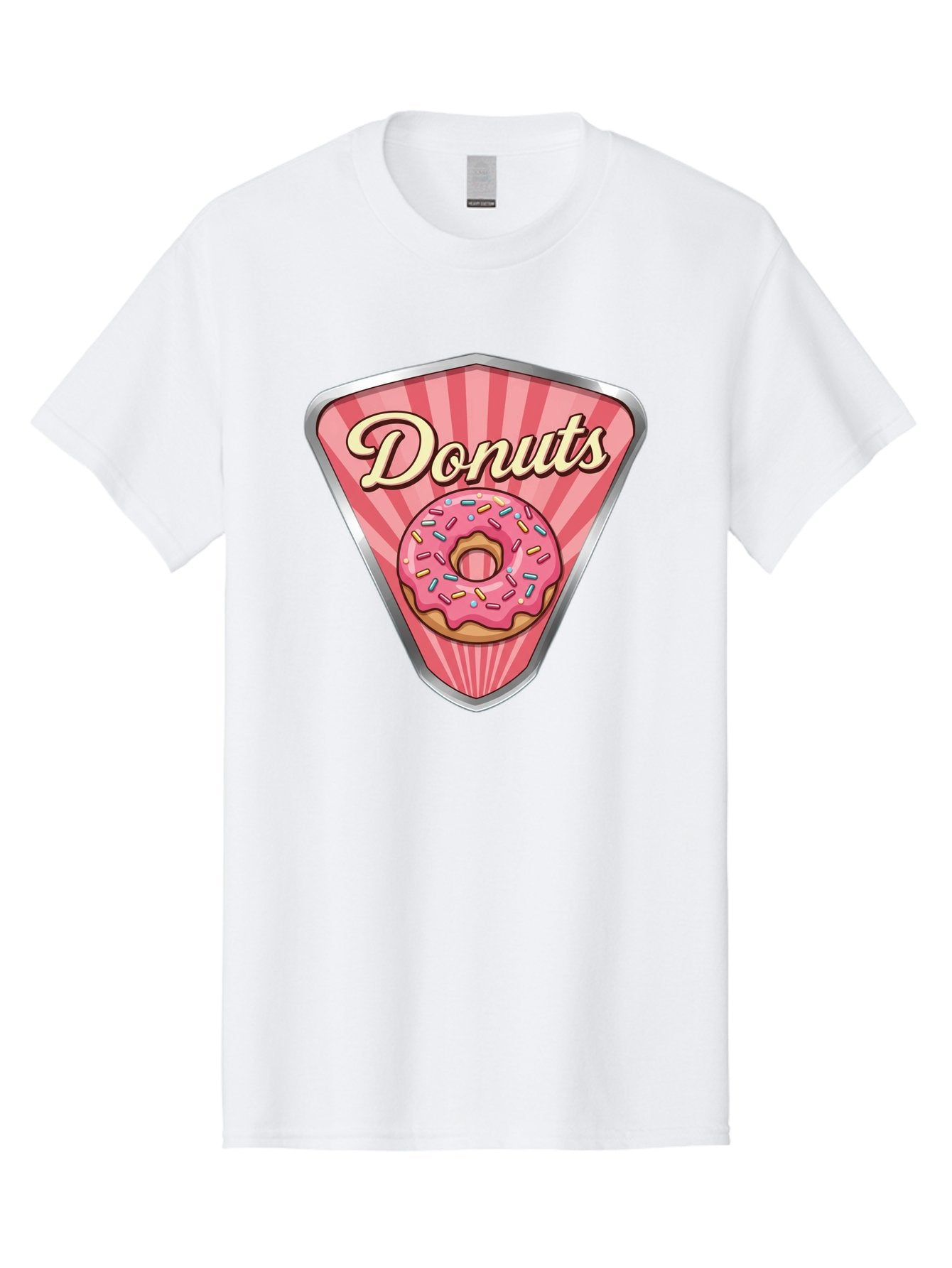 Donuts-1 Men'S Graphic Tee, 100% Cotton, Comfortable Casual Summer Wear, Machine Washable, Pink Frosted Donut, Colorful Sprinkles, Sweet Treats, Dessert Shop, Bakery Logo, Tasty Donuts, Donut Illustration, Pink Stripes, Silver Border, Baa519 4