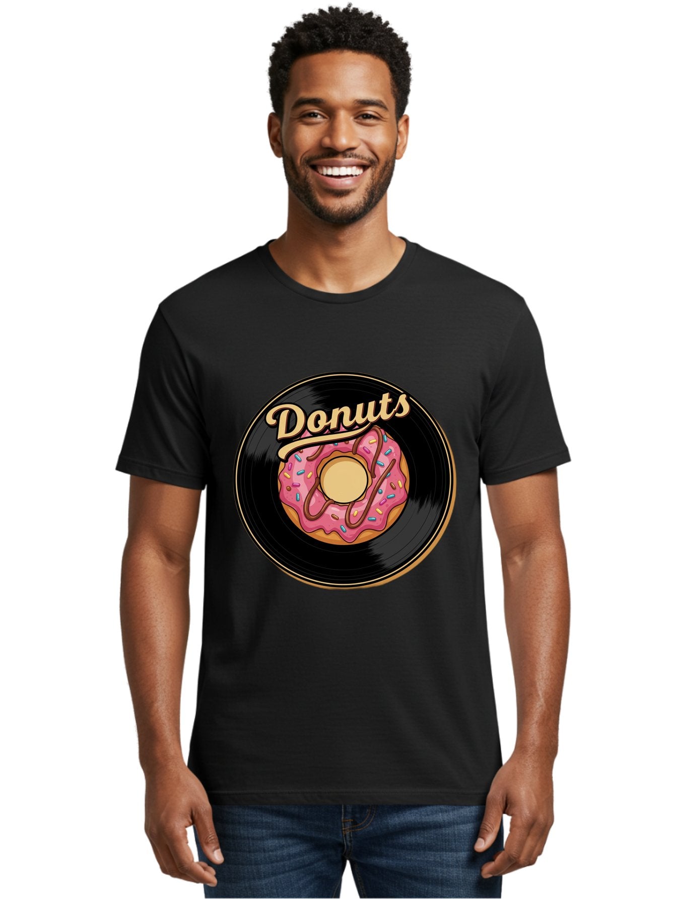 Donuts-3 Men'S Graphic Tee, 100% Cotton, Comfortable Casual Summer Wear, Machine Washable, Donut On Vinyl Record, Pink Donut With Sprinkles, Chocolate Drizzle, Sweet Treat, Retro Design, Donut Love, Vinyl Record Art, Donut Illustration Baa521 22