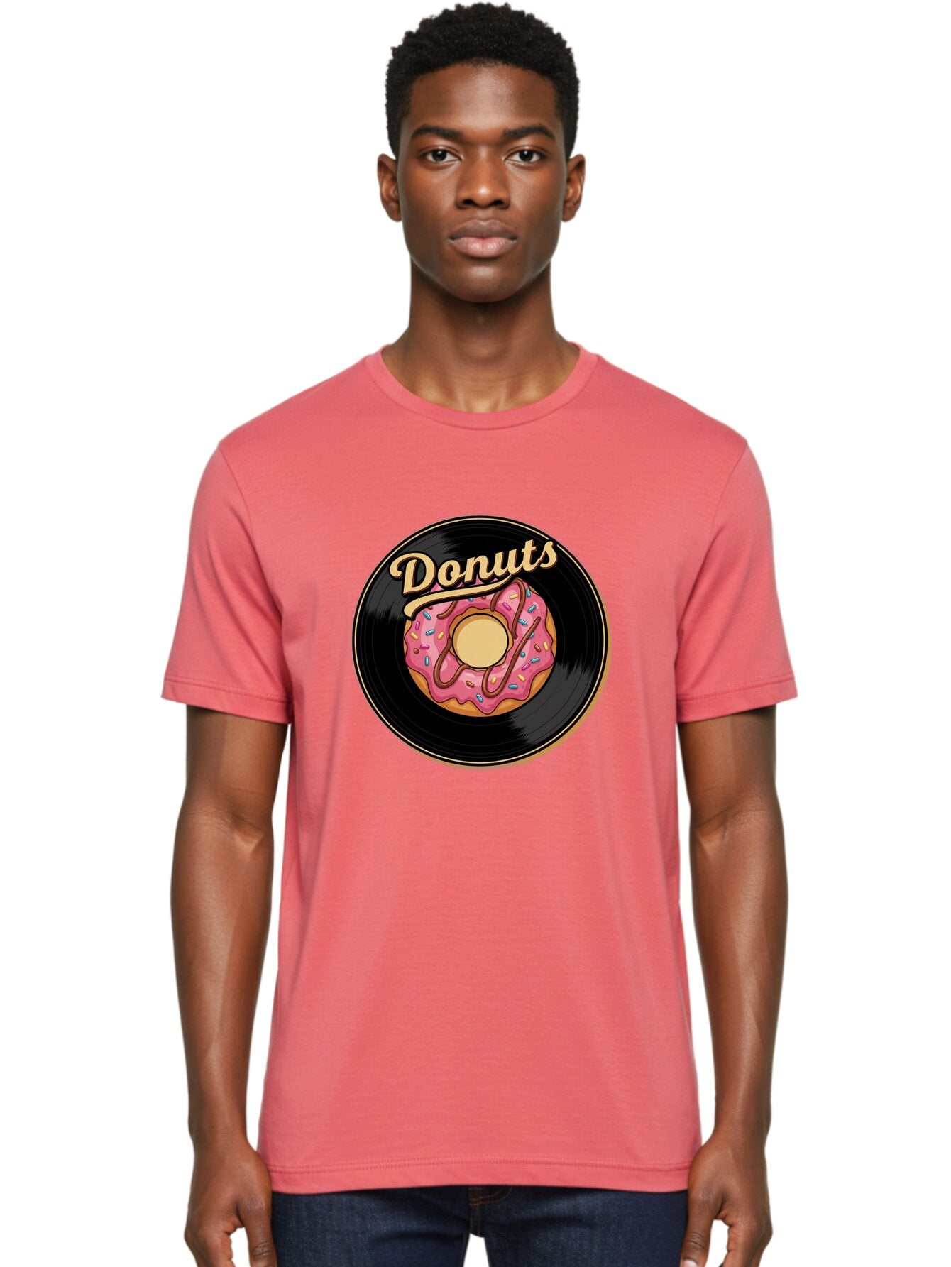 Donuts-3 Men'S Graphic Tee, 100% Cotton, Comfortable Casual Summer Wear, Machine Washable, Donut On Vinyl Record, Pink Donut With Sprinkles, Chocolate Drizzle, Sweet Treat, Retro Design, Donut Love, Vinyl Record Art, Donut Illustration Baa521 16