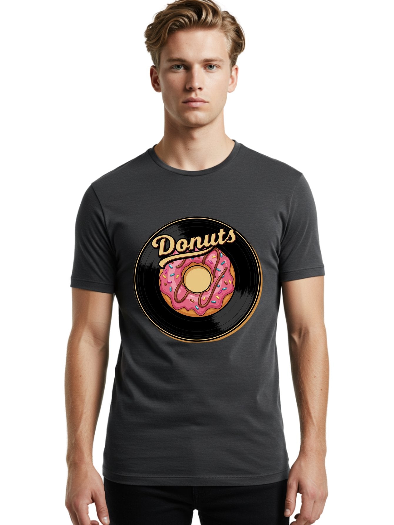 Donuts-3 Men'S Graphic Tee, 100% Cotton, Comfortable Casual Summer Wear, Machine Washable, Donut On Vinyl Record, Pink Donut With Sprinkles, Chocolate Drizzle, Sweet Treat, Retro Design, Donut Love, Vinyl Record Art, Donut Illustration Baa521 27