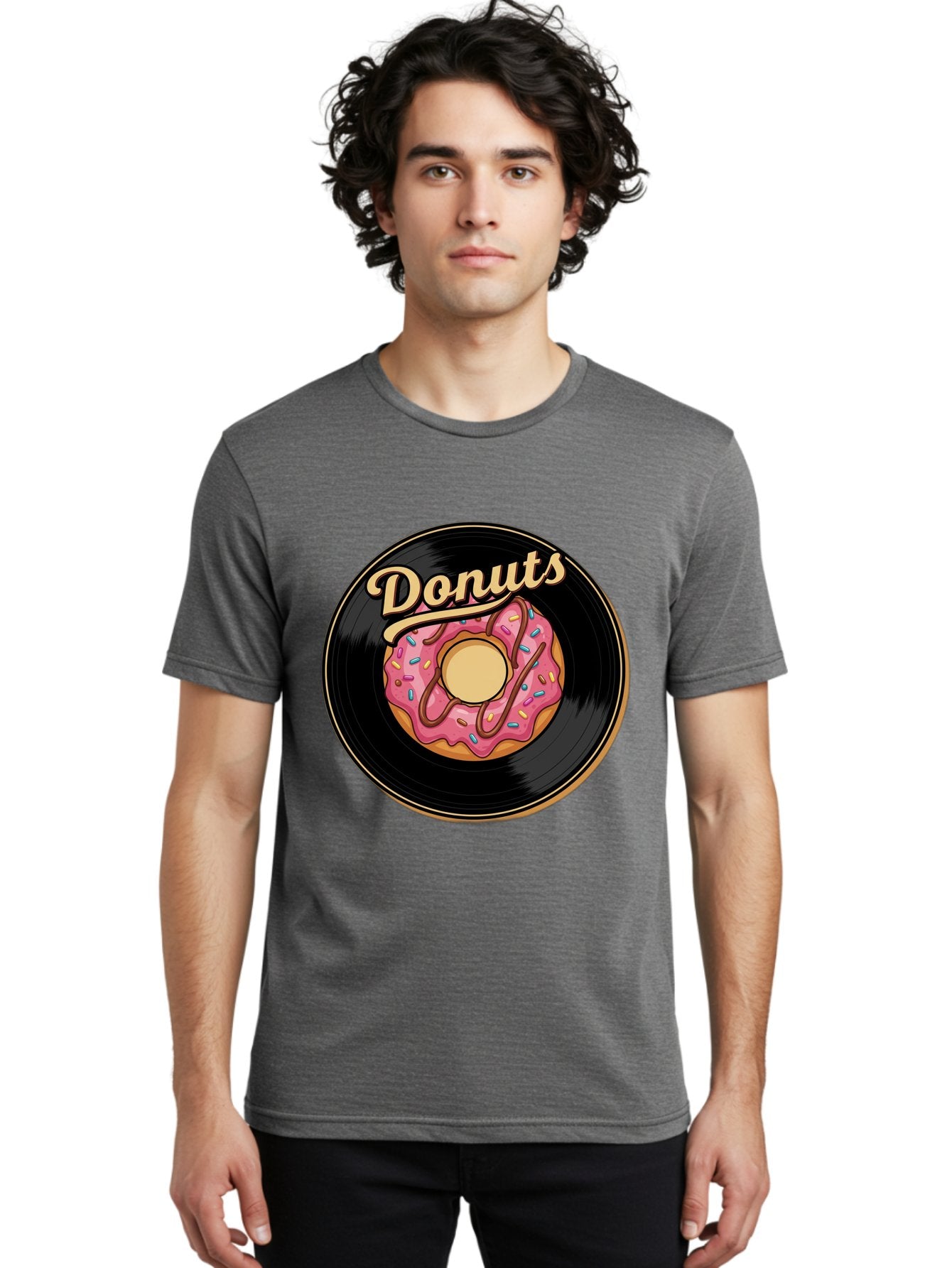 Donuts-3 Men'S Graphic Tee, 100% Cotton, Comfortable Casual Summer Wear, Machine Washable, Donut On Vinyl Record, Pink Donut With Sprinkles, Chocolate Drizzle, Sweet Treat, Retro Design, Donut Love, Vinyl Record Art, Donut Illustration Baa521 23