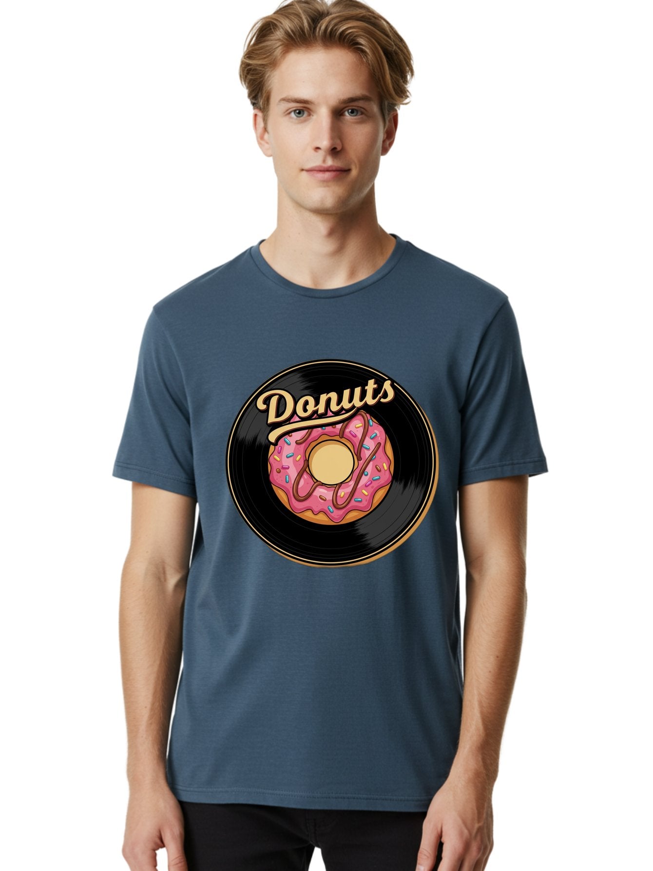 Donuts-3 Men'S Graphic Tee, 100% Cotton, Comfortable Casual Summer Wear, Machine Washable, Donut On Vinyl Record, Pink Donut With Sprinkles, Chocolate Drizzle, Sweet Treat, Retro Design, Donut Love, Vinyl Record Art, Donut Illustration Baa521 21