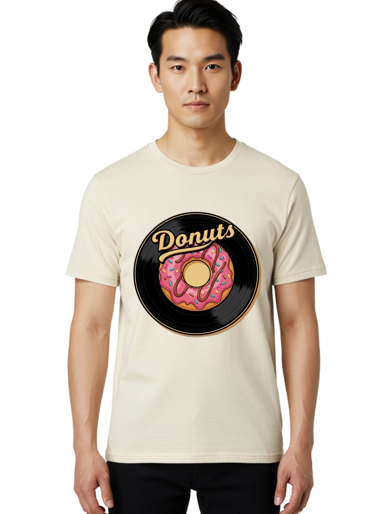 Donuts-3 Men'S Graphic Tee, 100% Cotton, Comfortable Casual Summer Wear, Machine Washable, Donut On Vinyl Record, Pink Donut With Sprinkles, Chocolate Drizzle, Sweet Treat, Retro Design, Donut Love, Vinyl Record Art, Donut Illustration Baa521 30