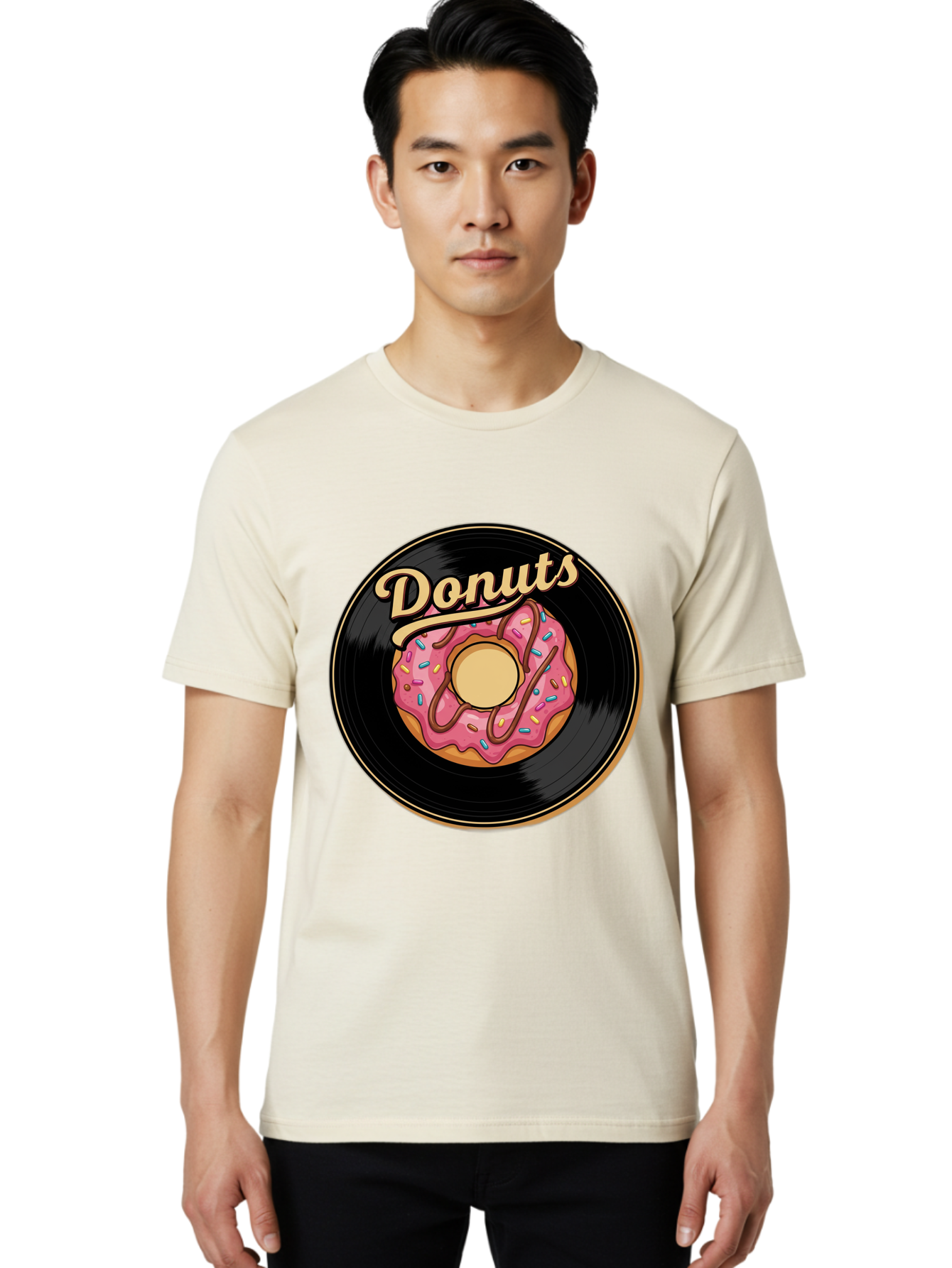 Donuts-3 Men'S Graphic Tee, 100% Cotton, Comfortable Casual Summer Wear, Machine Washable, Donut On Vinyl Record, Pink Donut With Sprinkles, Chocolate Drizzle, Sweet Treat, Retro Design, Donut Love, Vinyl Record Art, Donut Illustration Baa521