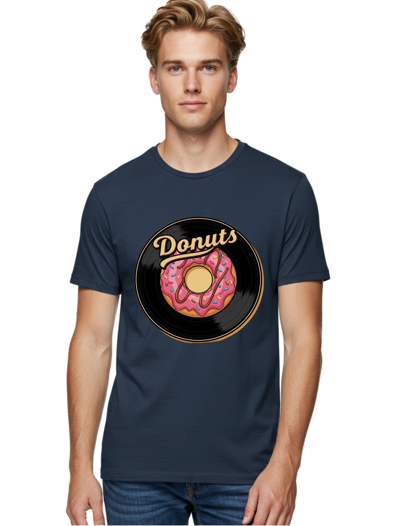 Donuts-3 Men'S Graphic Tee, 100% Cotton, Comfortable Casual Summer Wear, Machine Washable, Donut On Vinyl Record, Pink Donut With Sprinkles, Chocolate Drizzle, Sweet Treat, Retro Design, Donut Love, Vinyl Record Art, Donut Illustration Baa521 18