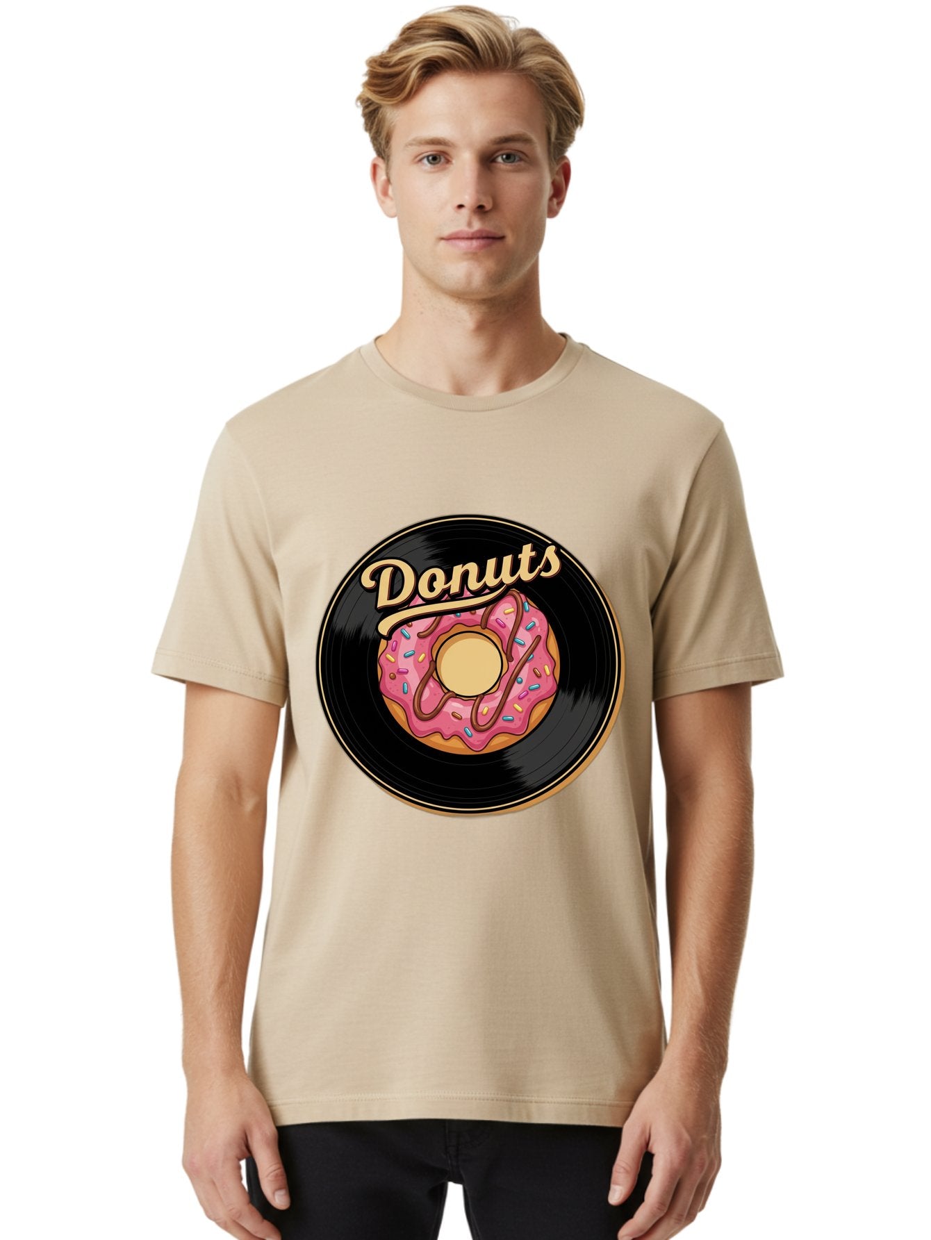 Donuts-3 Men'S Graphic Tee, 100% Cotton, Comfortable Casual Summer Wear, Machine Washable, Donut On Vinyl Record, Pink Donut With Sprinkles, Chocolate Drizzle, Sweet Treat, Retro Design, Donut Love, Vinyl Record Art, Donut Illustration Baa521 29
