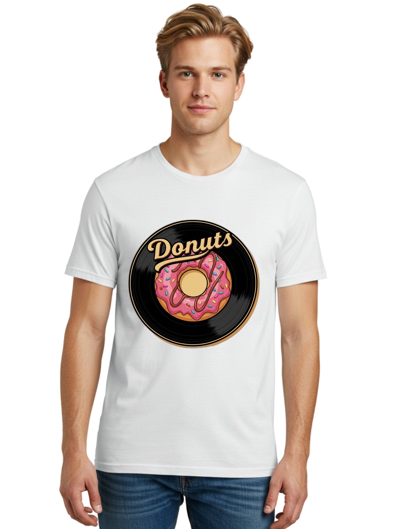 Donuts-3 Men'S Graphic Tee, 100% Cotton, Comfortable Casual Summer Wear, Machine Washable, Donut On Vinyl Record, Pink Donut With Sprinkles, Chocolate Drizzle, Sweet Treat, Retro Design, Donut Love, Vinyl Record Art, Donut Illustration Baa521 26