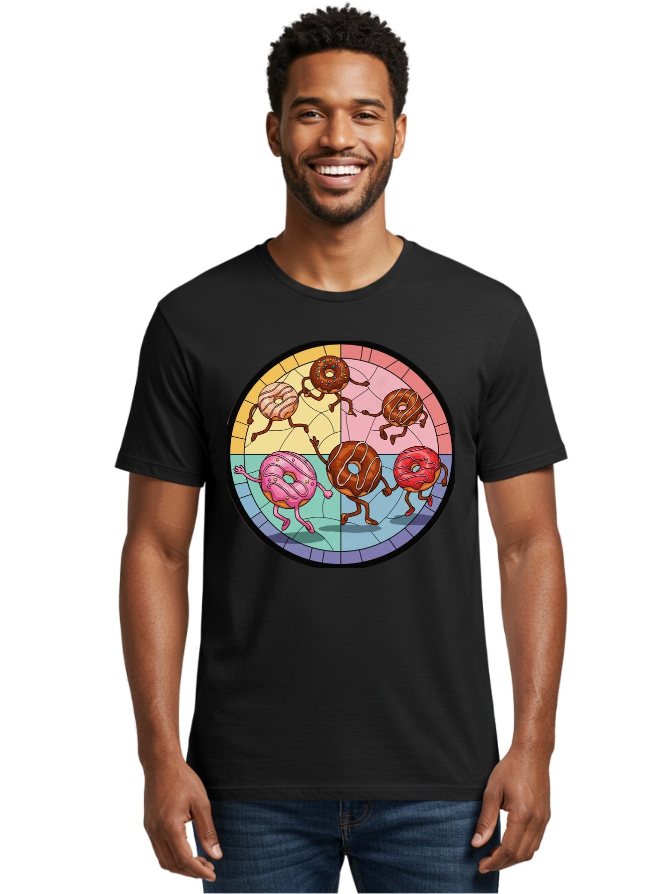 Donuts-Dancing-1 Men'S Graphic Tee, 100% Cotton, Comfortable Casual Summer Wear, Machine Washable, Donuts Dancing, Cartoon Donuts, Sweet Treats, Colorful Illustration, Playful Art, Pastry Characters, Whimsical Design, Tasty Delights, Baa522 25