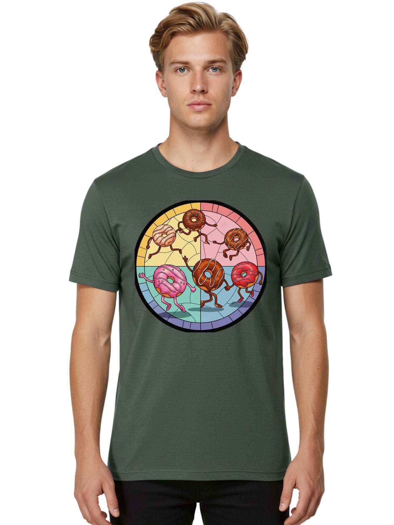 Donuts-Dancing-1 Men'S Graphic Tee, 100% Cotton, Comfortable Casual Summer Wear, Machine Washable, Donuts Dancing, Cartoon Donuts, Sweet Treats, Colorful Illustration, Playful Art, Pastry Characters, Whimsical Design, Tasty Delights, Baa522 27
