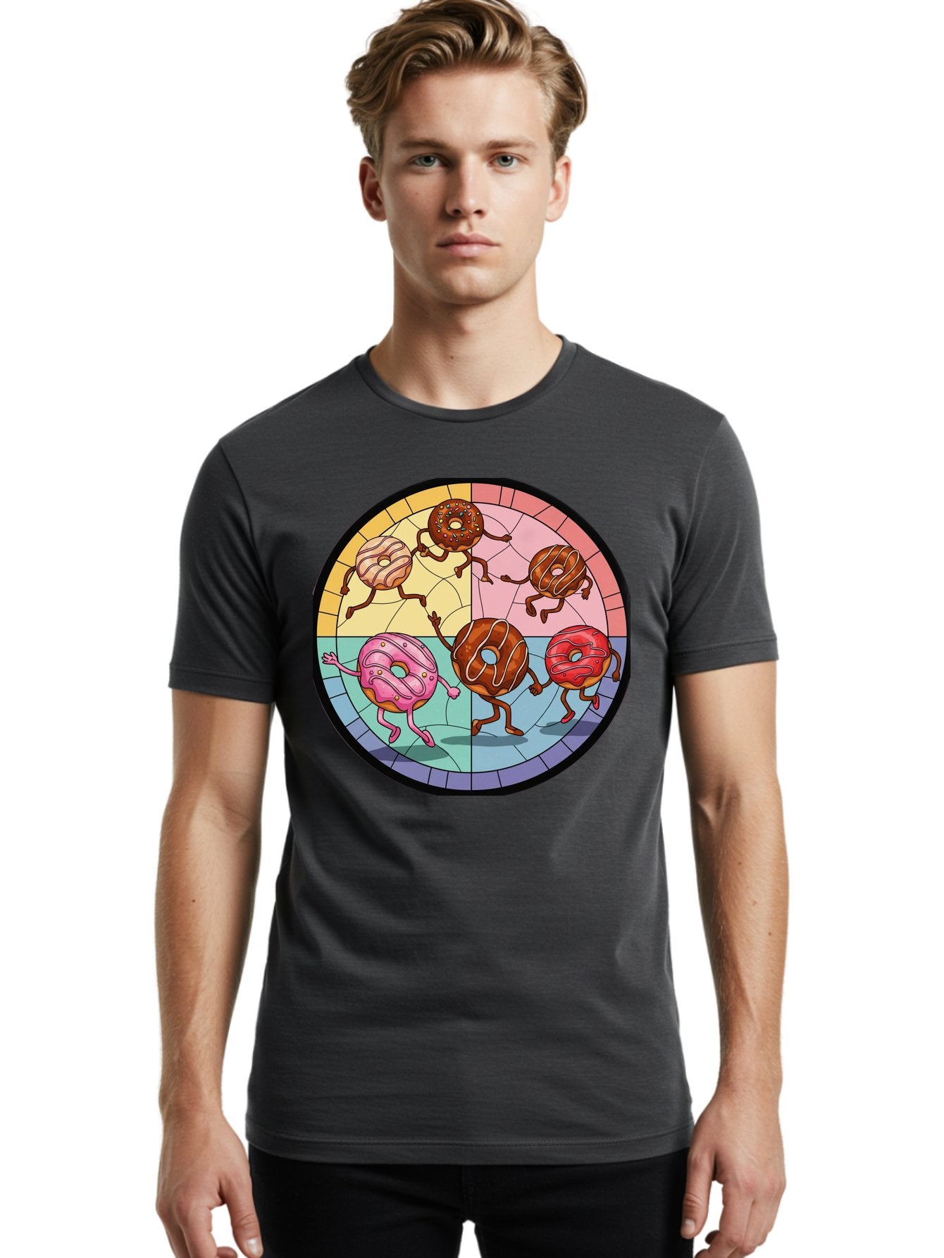 Donuts-Dancing-1 Men'S Graphic Tee, 100% Cotton, Comfortable Casual Summer Wear, Machine Washable, Donuts Dancing, Cartoon Donuts, Sweet Treats, Colorful Illustration, Playful Art, Pastry Characters, Whimsical Design, Tasty Delights, Baa522 19