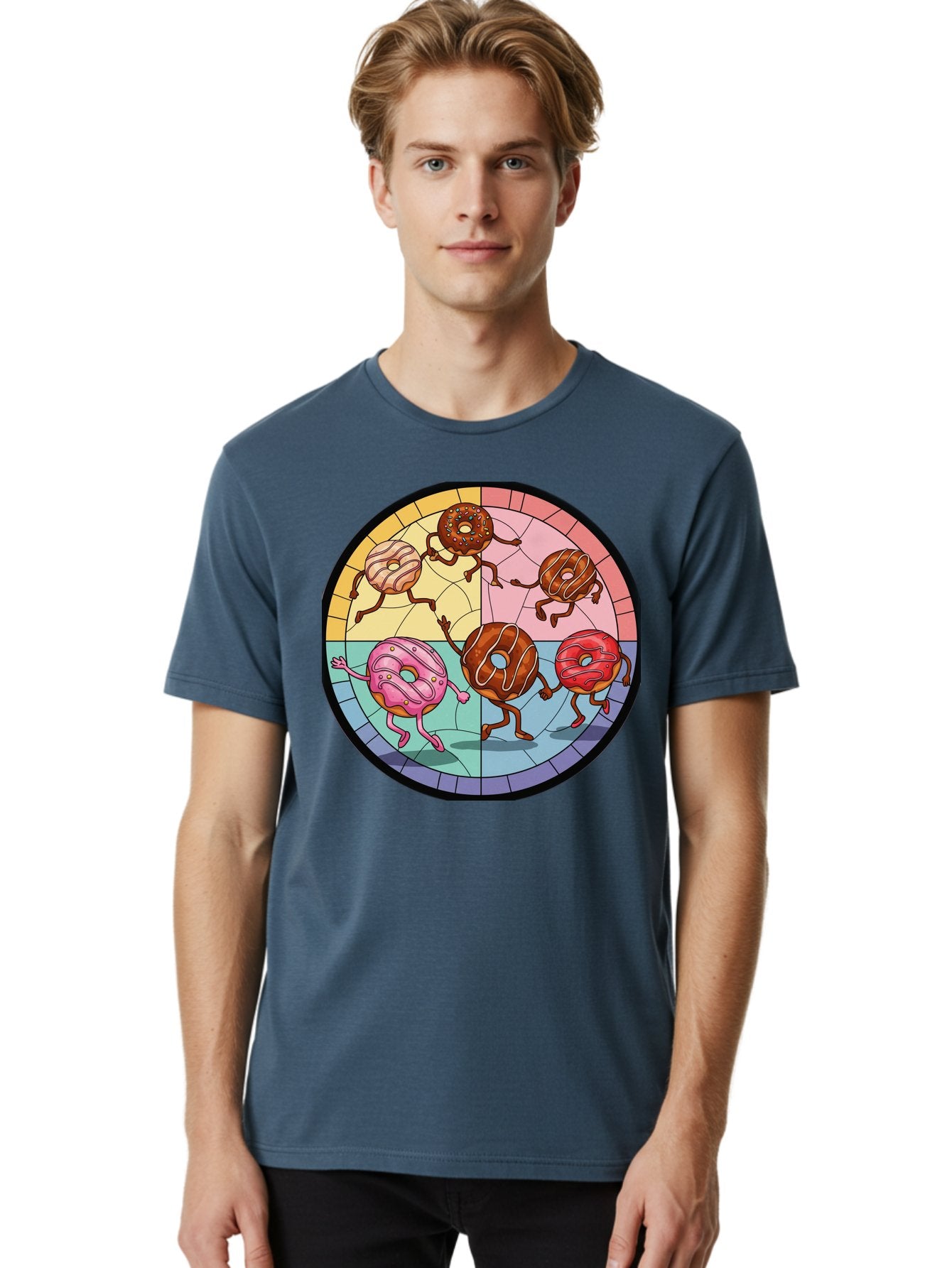Donuts-Dancing-1 Men'S Graphic Tee, 100% Cotton, Comfortable Casual Summer Wear, Machine Washable, Donuts Dancing, Cartoon Donuts, Sweet Treats, Colorful Illustration, Playful Art, Pastry Characters, Whimsical Design, Tasty Delights, Baa522 30