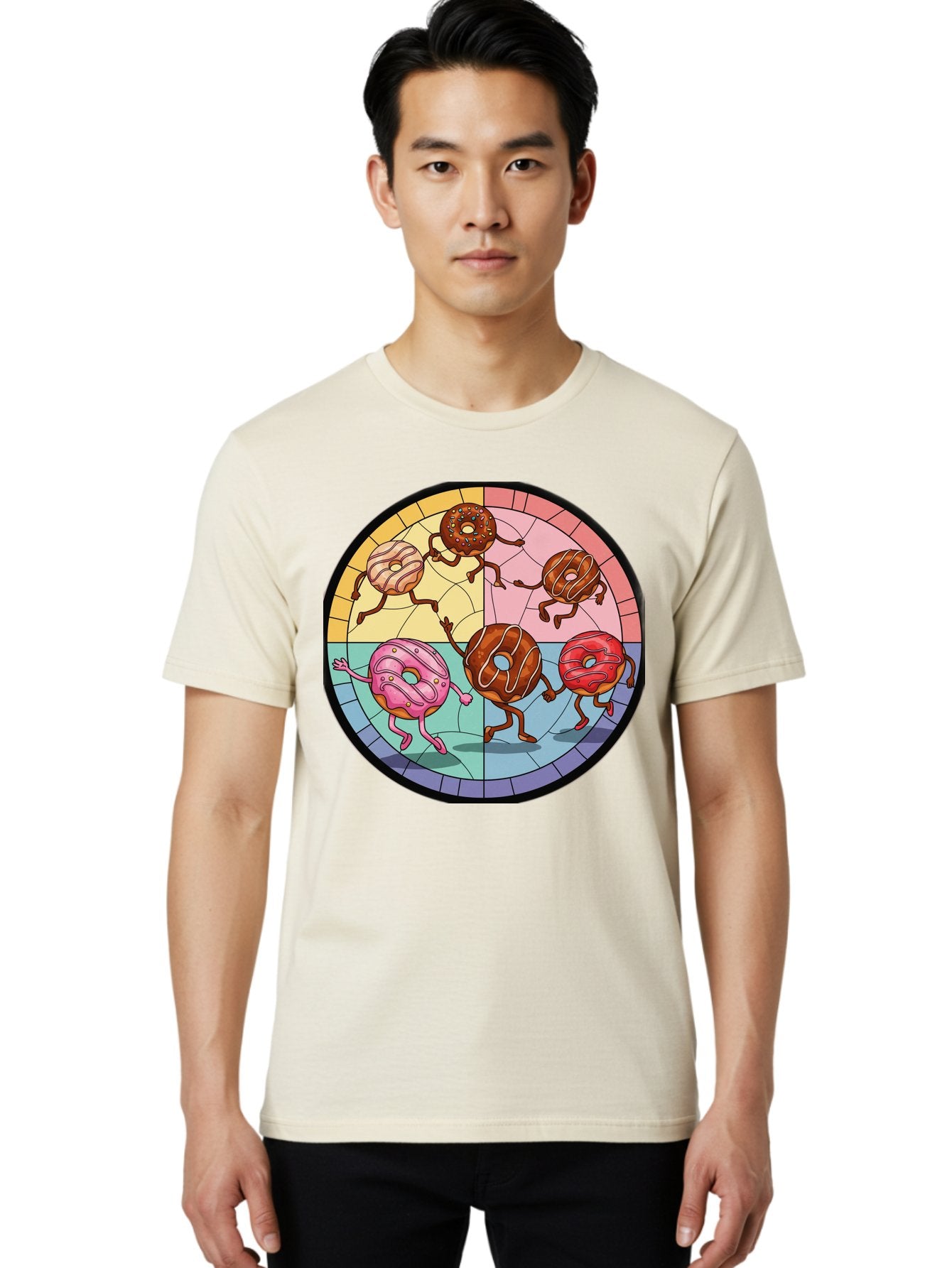 Donuts-Dancing-1 Men'S Graphic Tee, 100% Cotton, Comfortable Casual Summer Wear, Machine Washable, Donuts Dancing, Cartoon Donuts, Sweet Treats, Colorful Illustration, Playful Art, Pastry Characters, Whimsical Design, Tasty Delights, Baa522 17