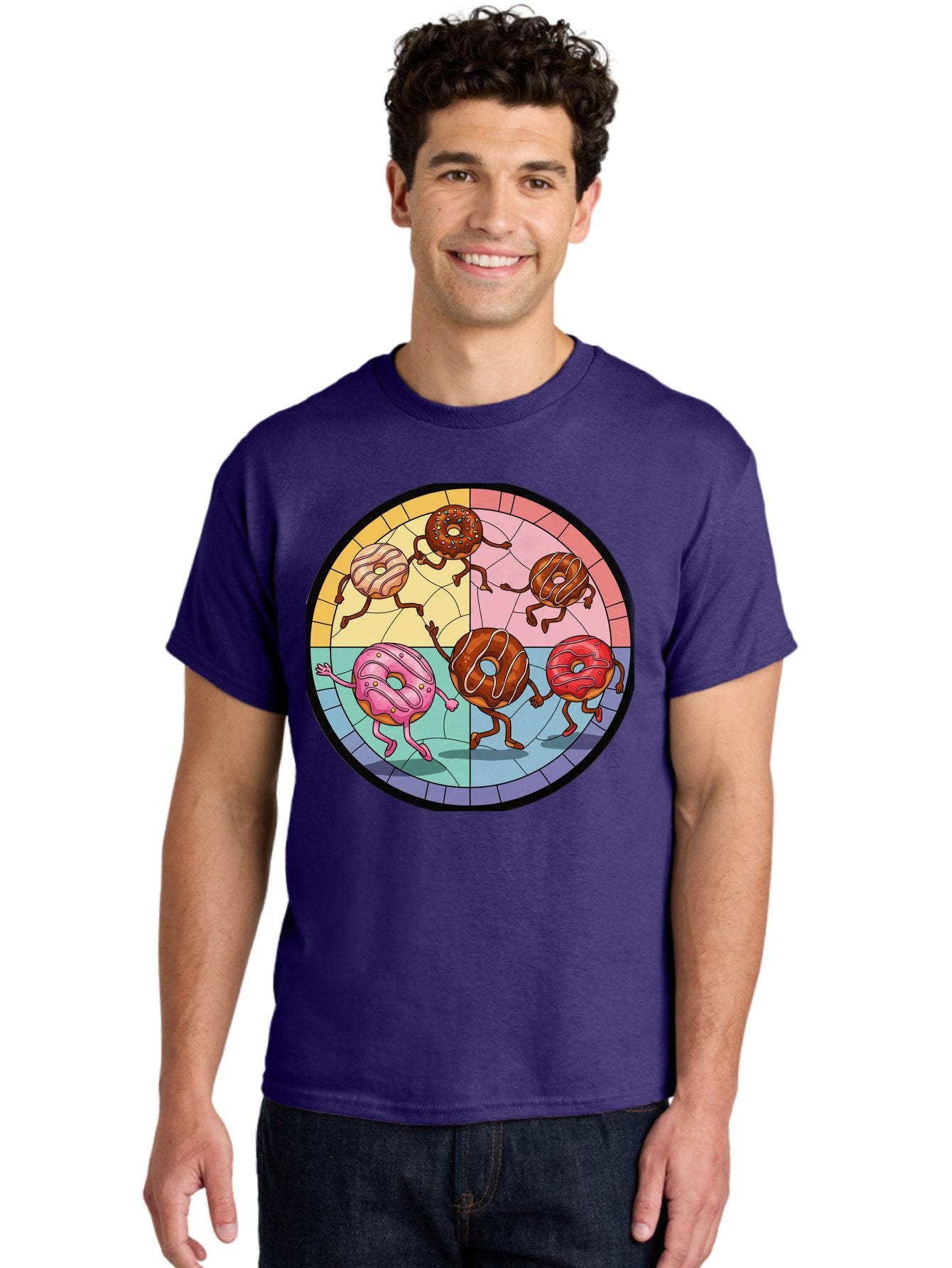Donuts-Dancing-1 Men'S Graphic Tee, 100% Cotton, Comfortable Casual Summer Wear, Machine Washable, Donuts Dancing, Cartoon Donuts, Sweet Treats, Colorful Illustration, Playful Art, Pastry Characters, Whimsical Design, Tasty Delights, Baa522 18