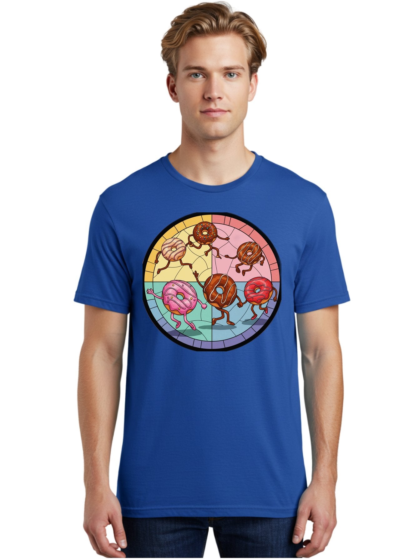 Donuts-Dancing-1 Men'S Graphic Tee, 100% Cotton, Comfortable Casual Summer Wear, Machine Washable, Donuts Dancing, Cartoon Donuts, Sweet Treats, Colorful Illustration, Playful Art, Pastry Characters, Whimsical Design, Tasty Delights, Baa522 24