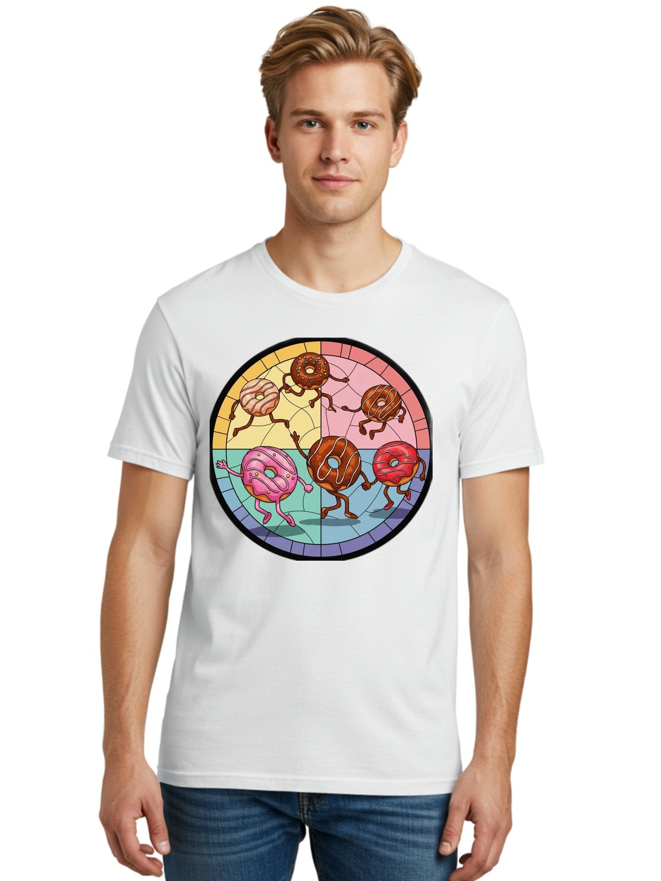 Donuts-Dancing-1 Men'S Graphic Tee, 100% Cotton, Comfortable Casual Summer Wear, Machine Washable, Donuts Dancing, Cartoon Donuts, Sweet Treats, Colorful Illustration, Playful Art, Pastry Characters, Whimsical Design, Tasty Delights, Baa522 22