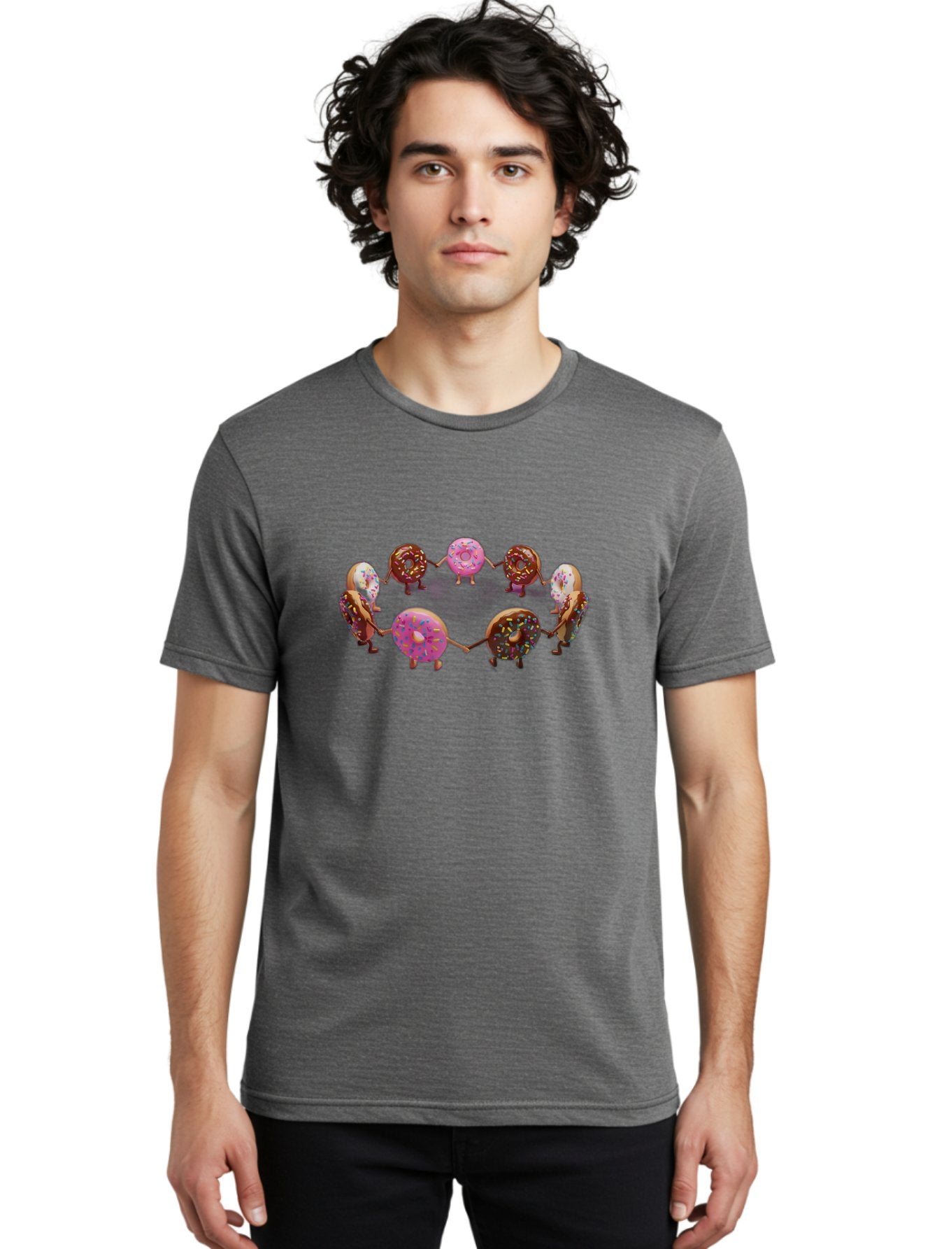 Donuts-In-Circle Men'S Graphic Tee, 100% Cotton, Comfortable Casual Summer Wear, Machine Washable, Donuts With Faces, Holding Hands, Colorful Sprinkles, Sweet Treats, Circle Formation, Whimsical Design, Playful Illustration, Cartoon Donuts, Baa526 24