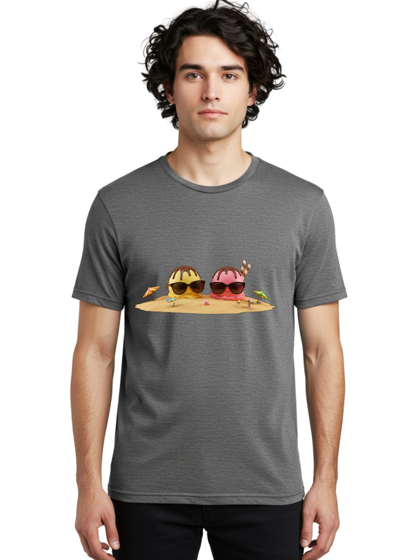 Donuts-On-Island Men'S Graphic Tee, 100% Cotton, Comfortable Casual Summer Wear, Machine Washable, Cupcakes On Island, Sunglasses, Beach Umbrellas, Summer Fun, Cartoon Style, Sweet Treats, Tropical Getaway, Vacation Vibes, Dessert Lovers, Baa527 19