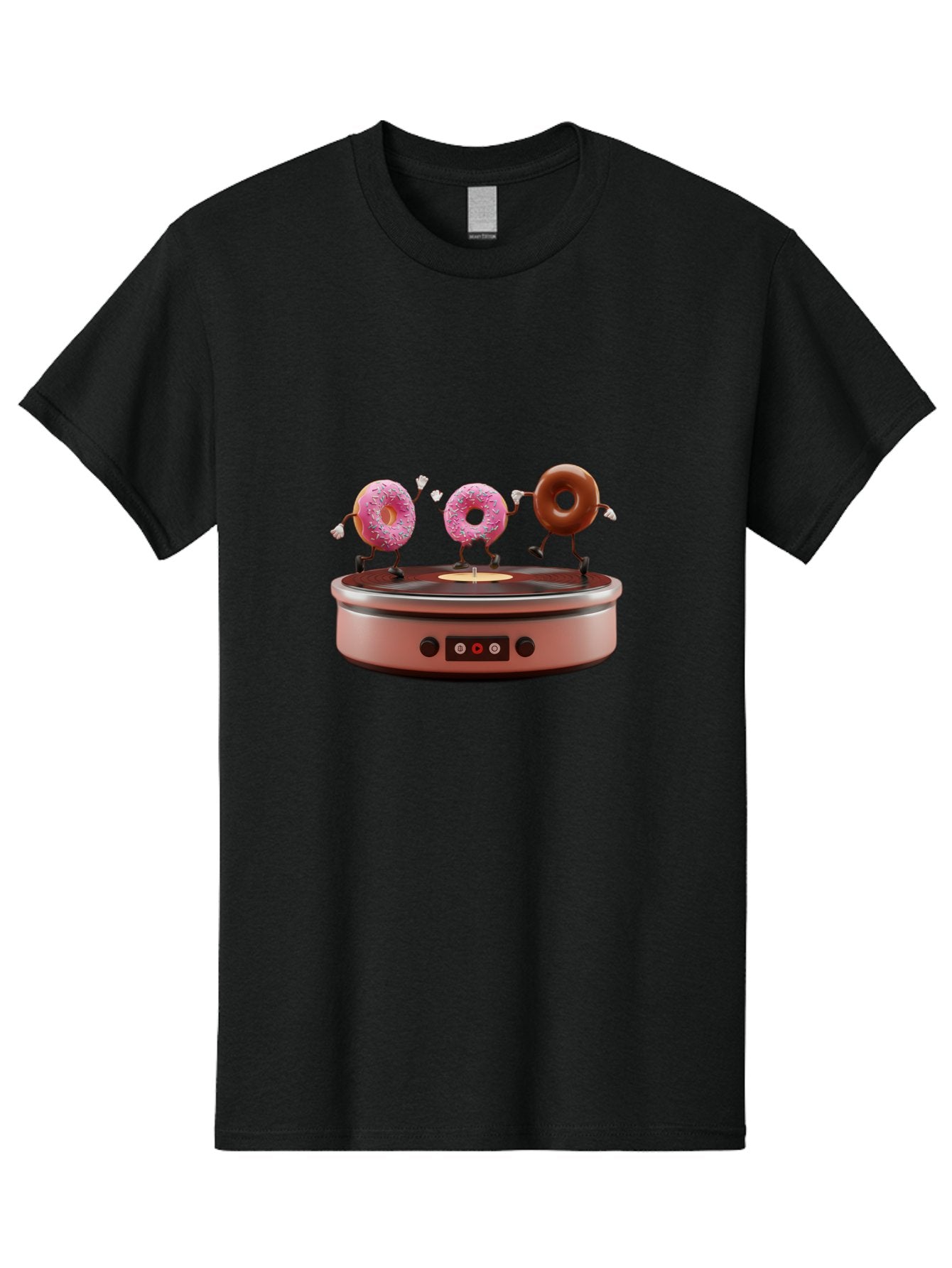 Donuts-On-Record-Player Men'S Graphic Tee, 100% Cotton, Comfortable Casual Summer Wear, Machine Washable, Donuts Dancing, Vinyl Record Player, Retro Music Setup, Sweet Treats, Funky Vibe, Playful Scene, Dessert Party, Cartoon Donuts, Baa528 13