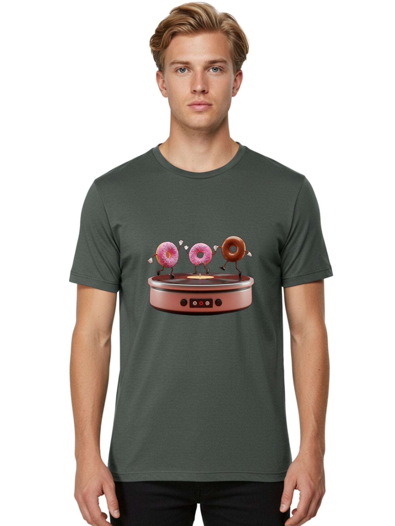 Donuts-On-Record-Player Men'S Graphic Tee, 100% Cotton, Comfortable Casual Summer Wear, Machine Washable, Donuts Dancing, Vinyl Record Player, Retro Music Setup, Sweet Treats, Funky Vibe, Playful Scene, Dessert Party, Cartoon Donuts, Baa528 28