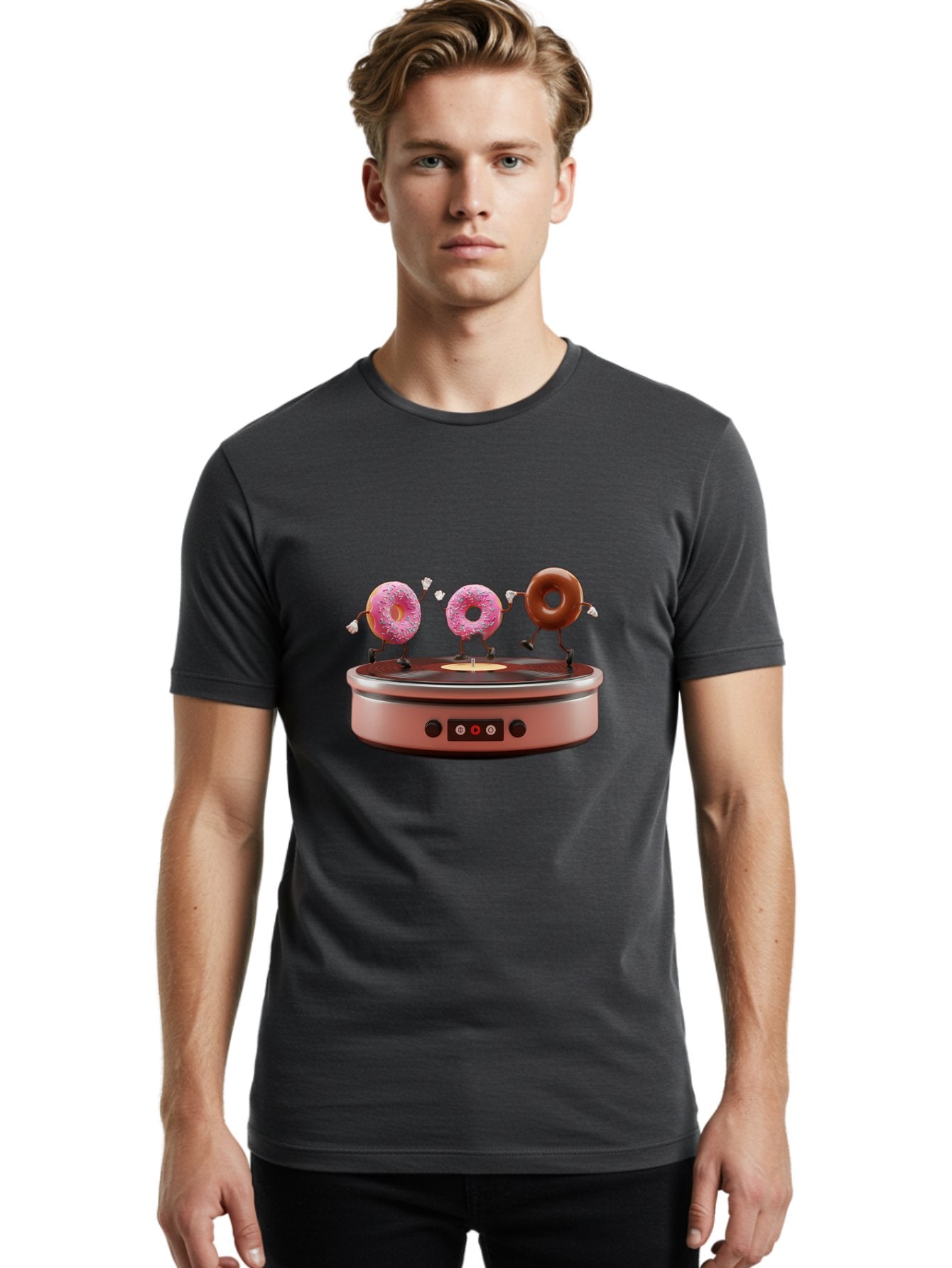 Donuts-On-Record-Player Men'S Graphic Tee, 100% Cotton, Comfortable Casual Summer Wear, Machine Washable, Donuts Dancing, Vinyl Record Player, Retro Music Setup, Sweet Treats, Funky Vibe, Playful Scene, Dessert Party, Cartoon Donuts, Baa528 26