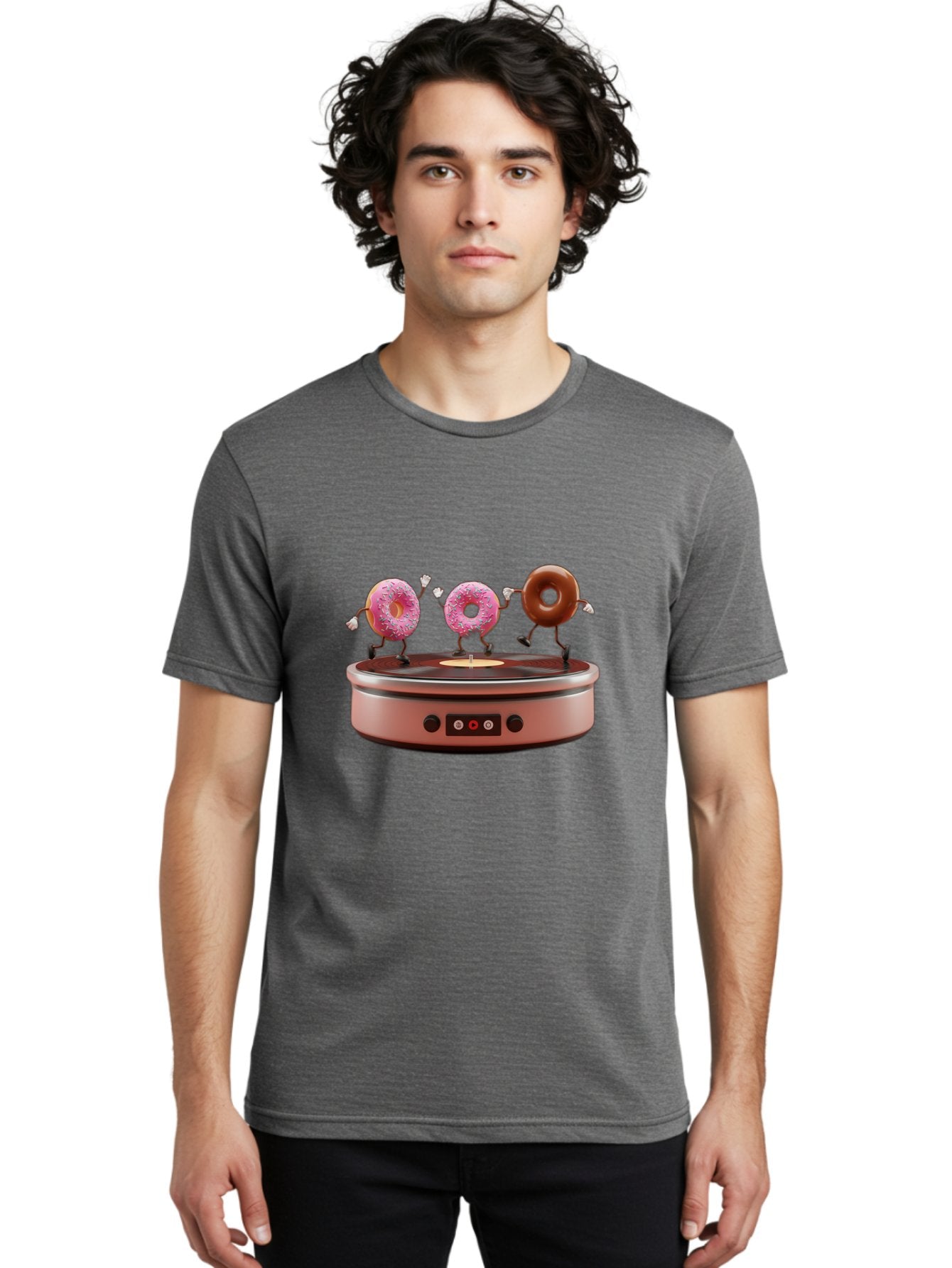 Donuts-On-Record-Player Men'S Graphic Tee, 100% Cotton, Comfortable Casual Summer Wear, Machine Washable, Donuts Dancing, Vinyl Record Player, Retro Music Setup, Sweet Treats, Funky Vibe, Playful Scene, Dessert Party, Cartoon Donuts, Baa528 22