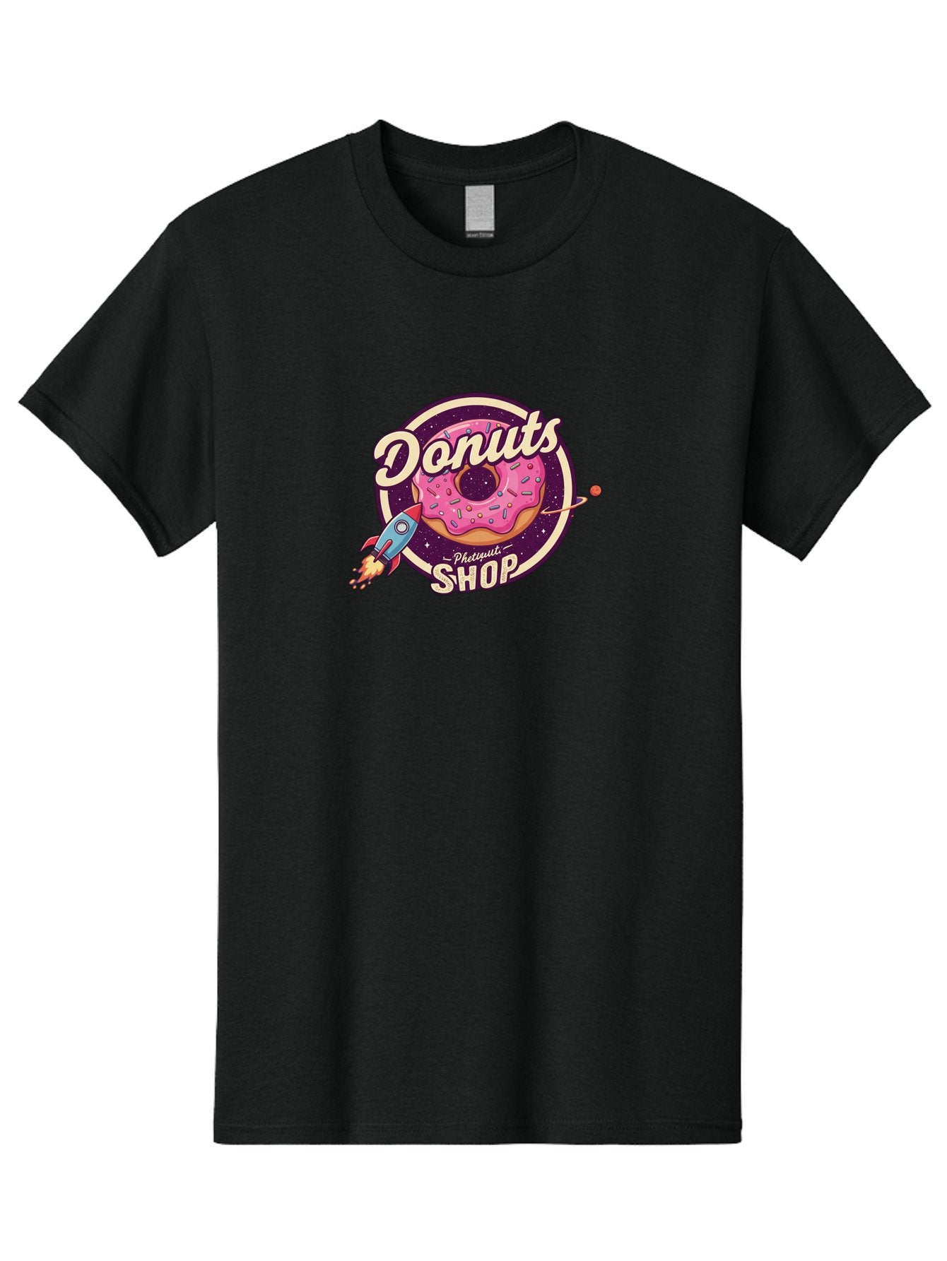 Donuts-Shop-1 Men'S Graphic Tee, 100% Cotton, Comfortable Casual Summer Wear, Machine Washable, Pink Donut With Sprinkles, Donut Shop Logo, Space-Themed Donut, Rocket Ship Launching, Donut In Space, Colorful Dessert, Sweet Treats, Baa529 15