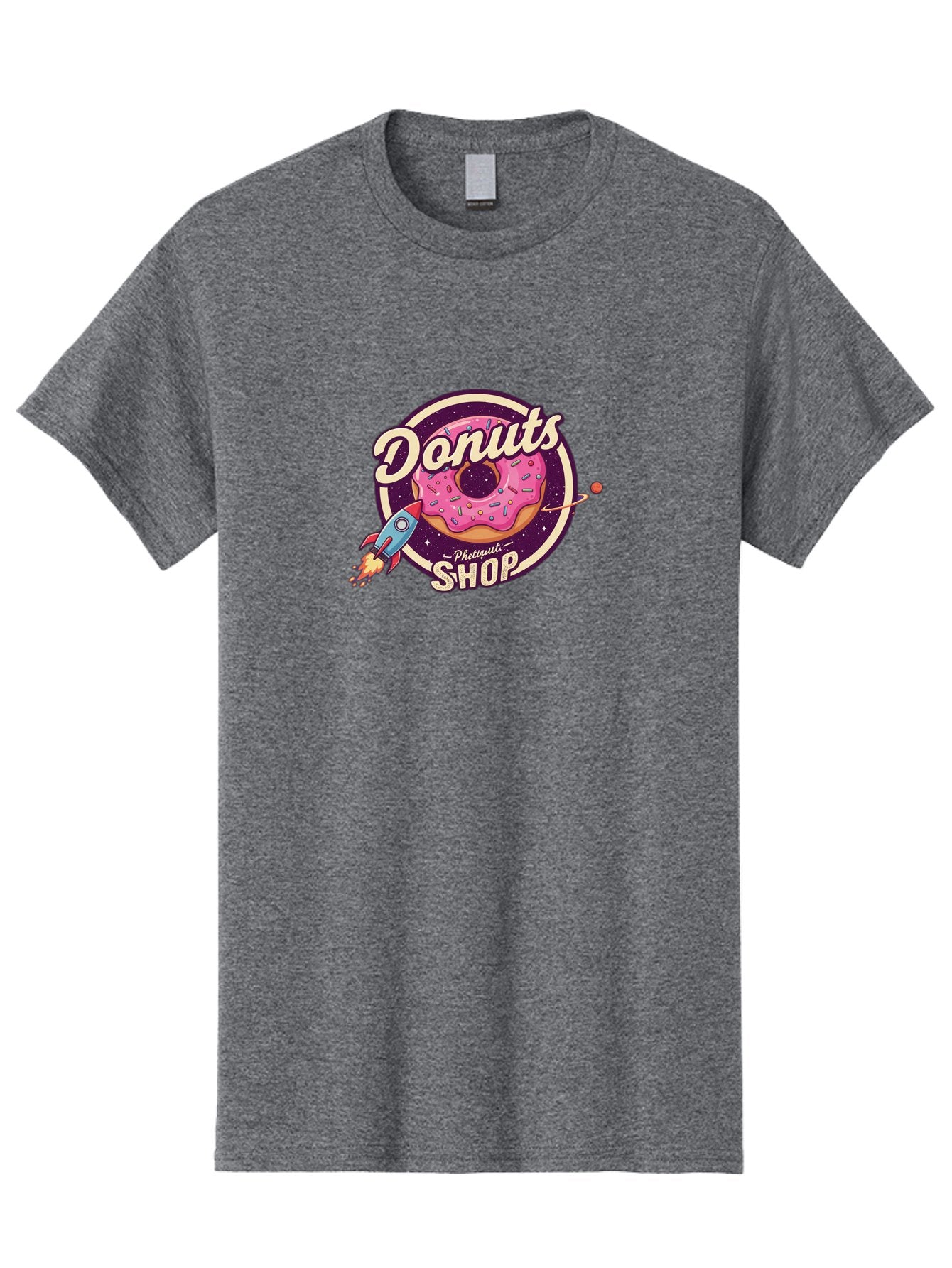 Donuts-Shop-1 Men'S Graphic Tee, 100% Cotton, Comfortable Casual Summer Wear, Machine Washable, Pink Donut With Sprinkles, Donut Shop Logo, Space-Themed Donut, Rocket Ship Launching, Donut In Space, Colorful Dessert, Sweet Treats, Baa529 4