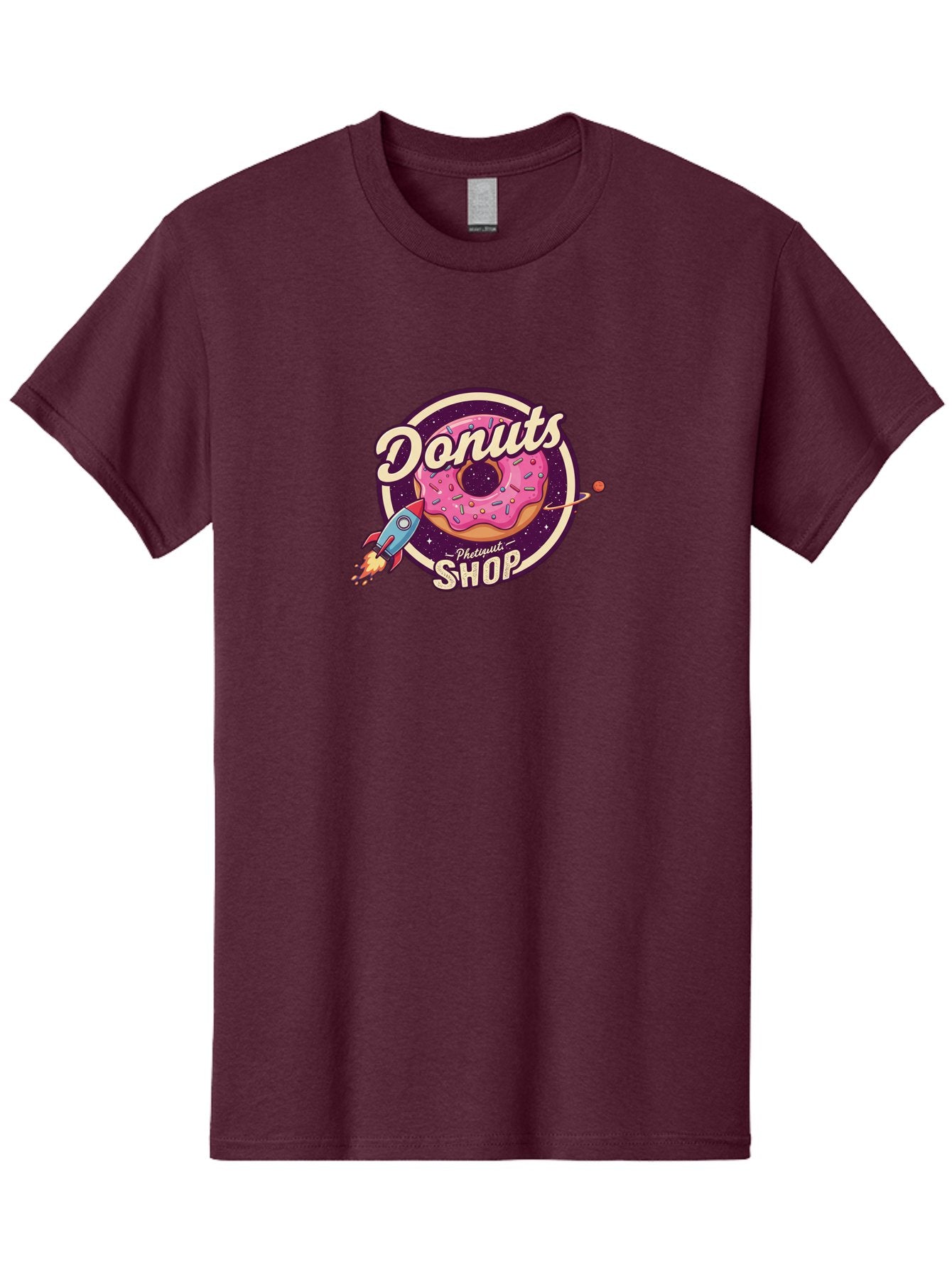 Donuts-Shop-1 Men'S Graphic Tee, 100% Cotton, Comfortable Casual Summer Wear, Machine Washable, Pink Donut With Sprinkles, Donut Shop Logo, Space-Themed Donut, Rocket Ship Launching, Donut In Space, Colorful Dessert, Sweet Treats, Baa529 3