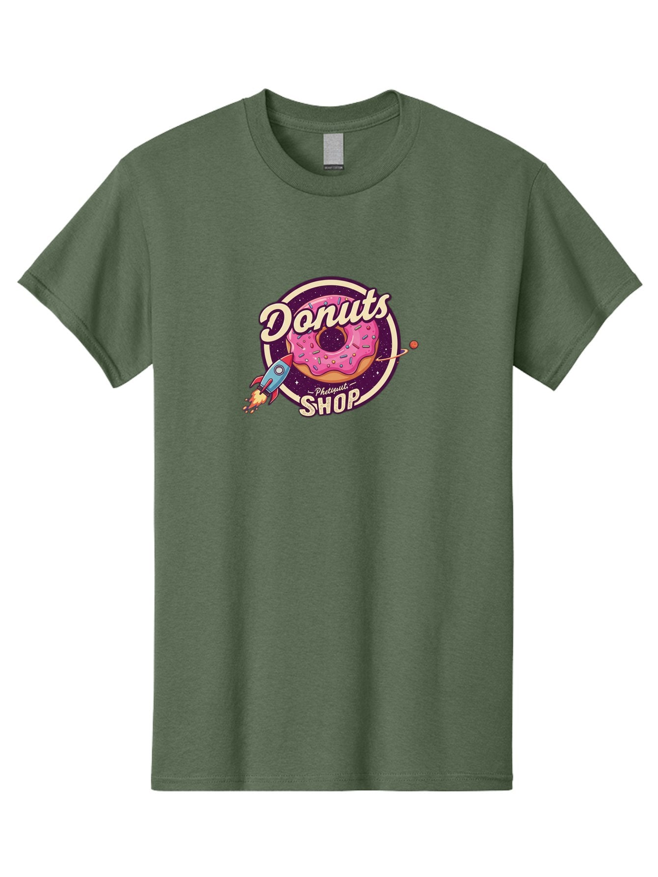 Donuts-Shop-1 Men'S Graphic Tee, 100% Cotton, Comfortable Casual Summer Wear, Machine Washable, Pink Donut With Sprinkles, Donut Shop Logo, Space-Themed Donut, Rocket Ship Launching, Donut In Space, Colorful Dessert, Sweet Treats, Baa529 13