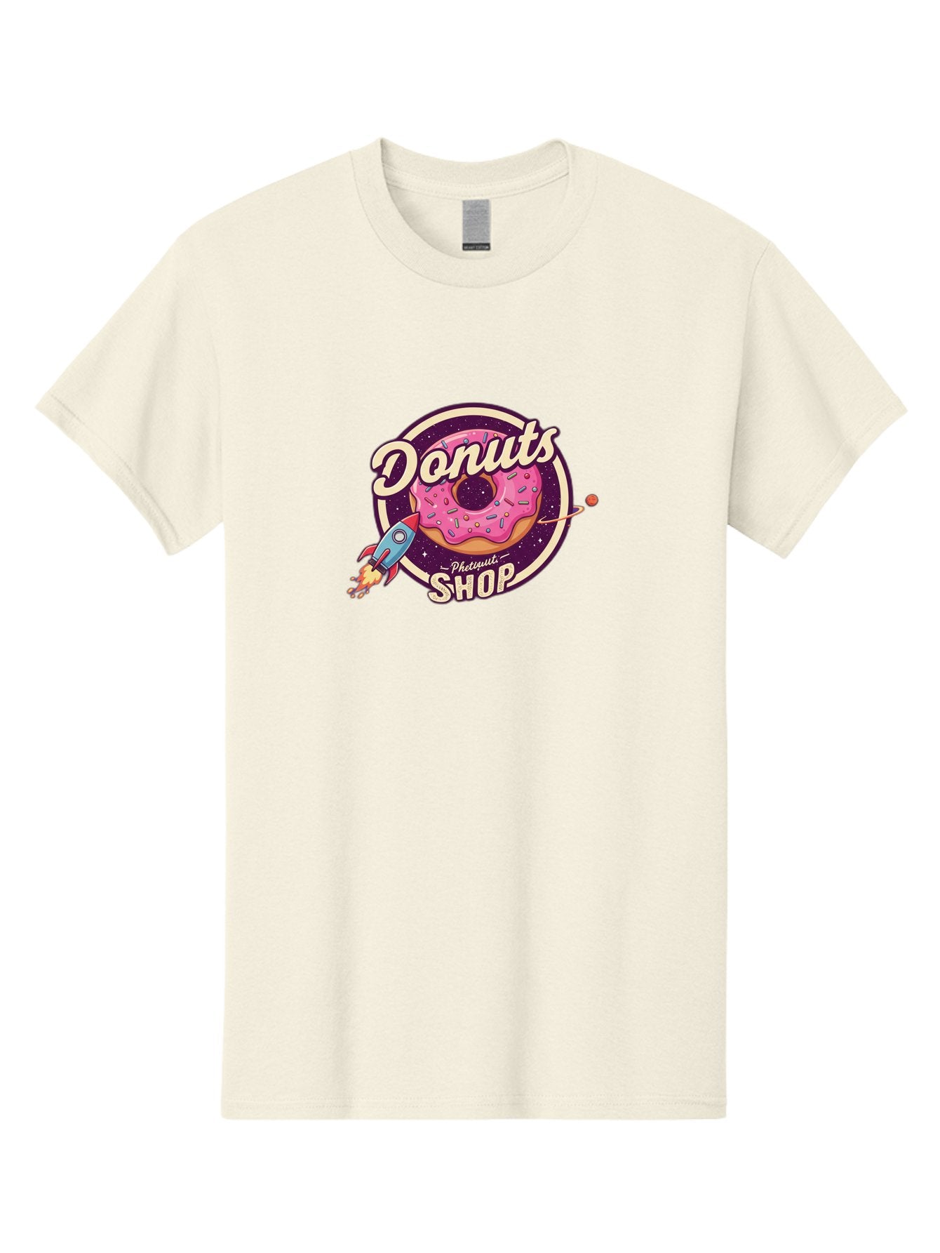 Donuts-Shop-1 Men'S Graphic Tee, 100% Cotton, Comfortable Casual Summer Wear, Machine Washable, Pink Donut With Sprinkles, Donut Shop Logo, Space-Themed Donut, Rocket Ship Launching, Donut In Space, Colorful Dessert, Sweet Treats, Baa529 10