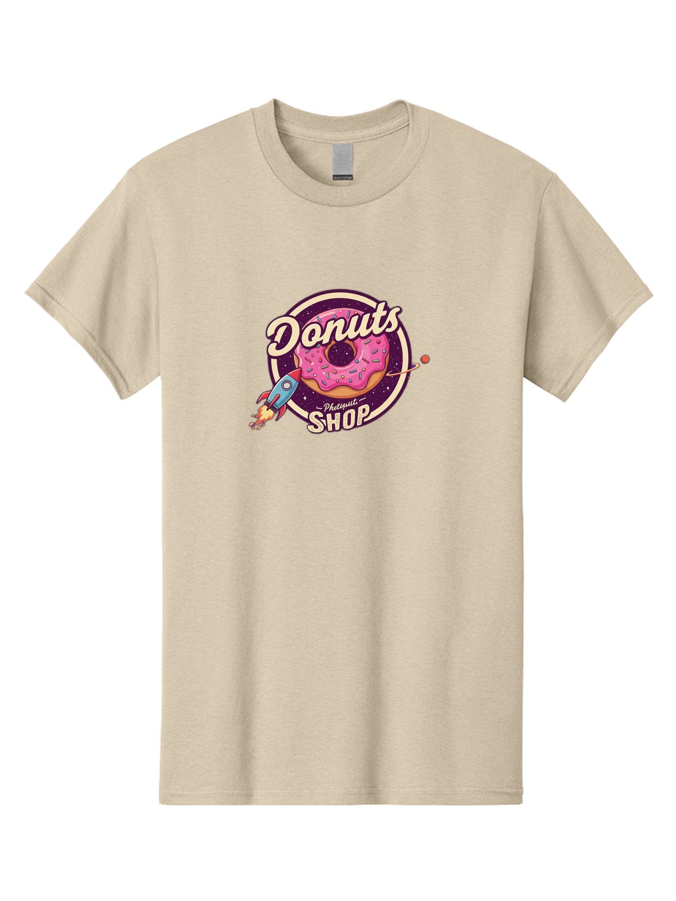 Donuts-Shop-1 Men'S Graphic Tee, 100% Cotton, Comfortable Casual Summer Wear, Machine Washable, Pink Donut With Sprinkles, Donut Shop Logo, Space-Themed Donut, Rocket Ship Launching, Donut In Space, Colorful Dessert, Sweet Treats, Baa529 7