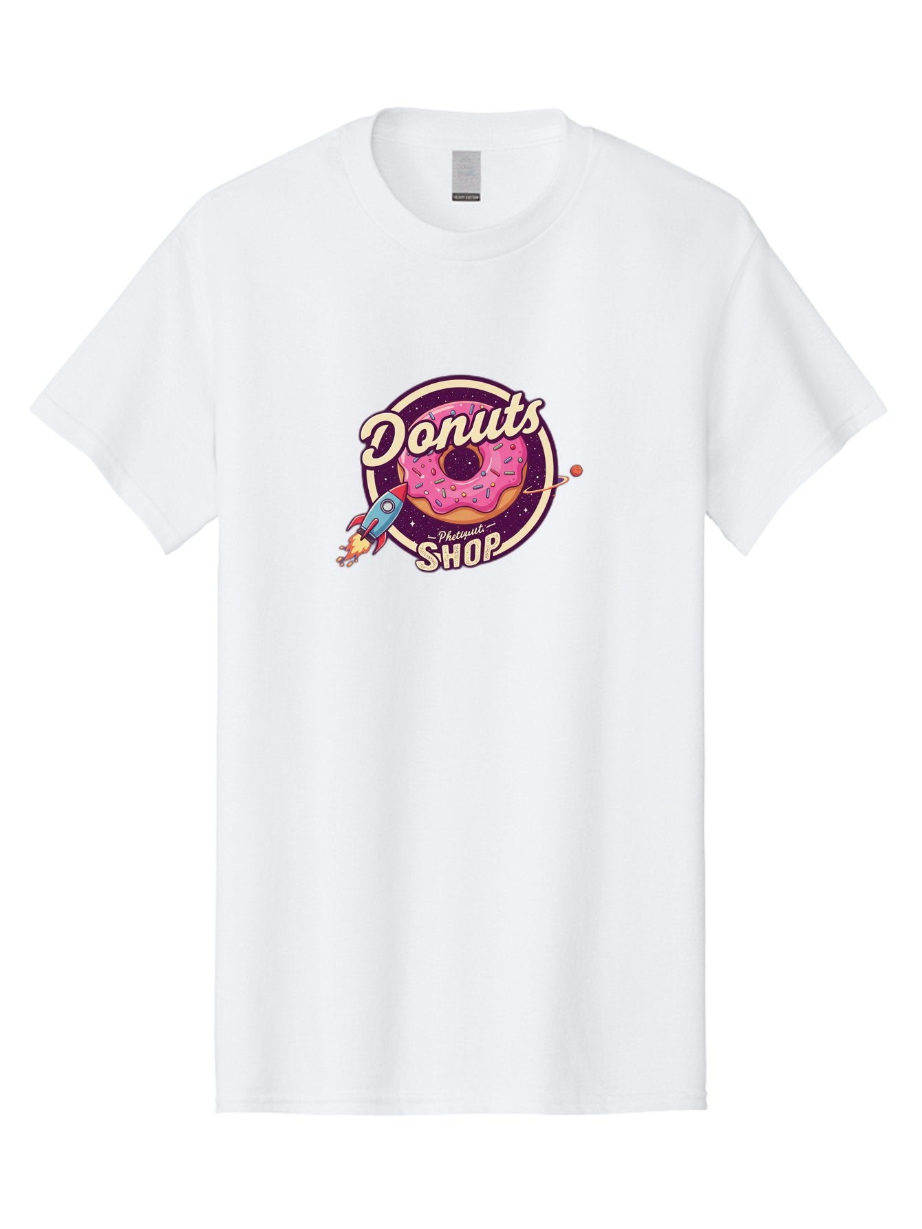 Donuts-Shop-1 Men'S Graphic Tee, 100% Cotton, Comfortable Casual Summer Wear, Machine Washable, Pink Donut With Sprinkles, Donut Shop Logo, Space-Themed Donut, Rocket Ship Launching, Donut In Space, Colorful Dessert, Sweet Treats, Baa529 11