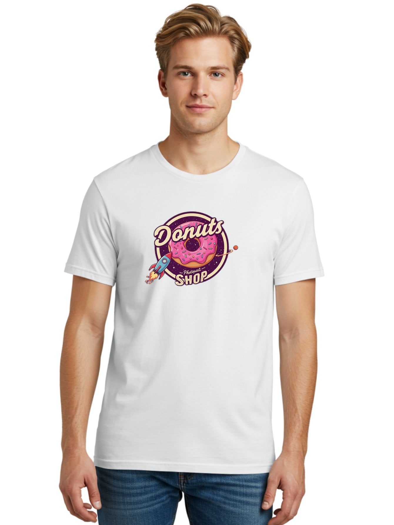 Donuts-Shop-1 Men'S Graphic Tee, 100% Cotton, Comfortable Casual Summer Wear, Machine Washable, Pink Donut With Sprinkles, Donut Shop Logo, Space-Themed Donut, Rocket Ship Launching, Donut In Space, Colorful Dessert, Sweet Treats, Baa529 27