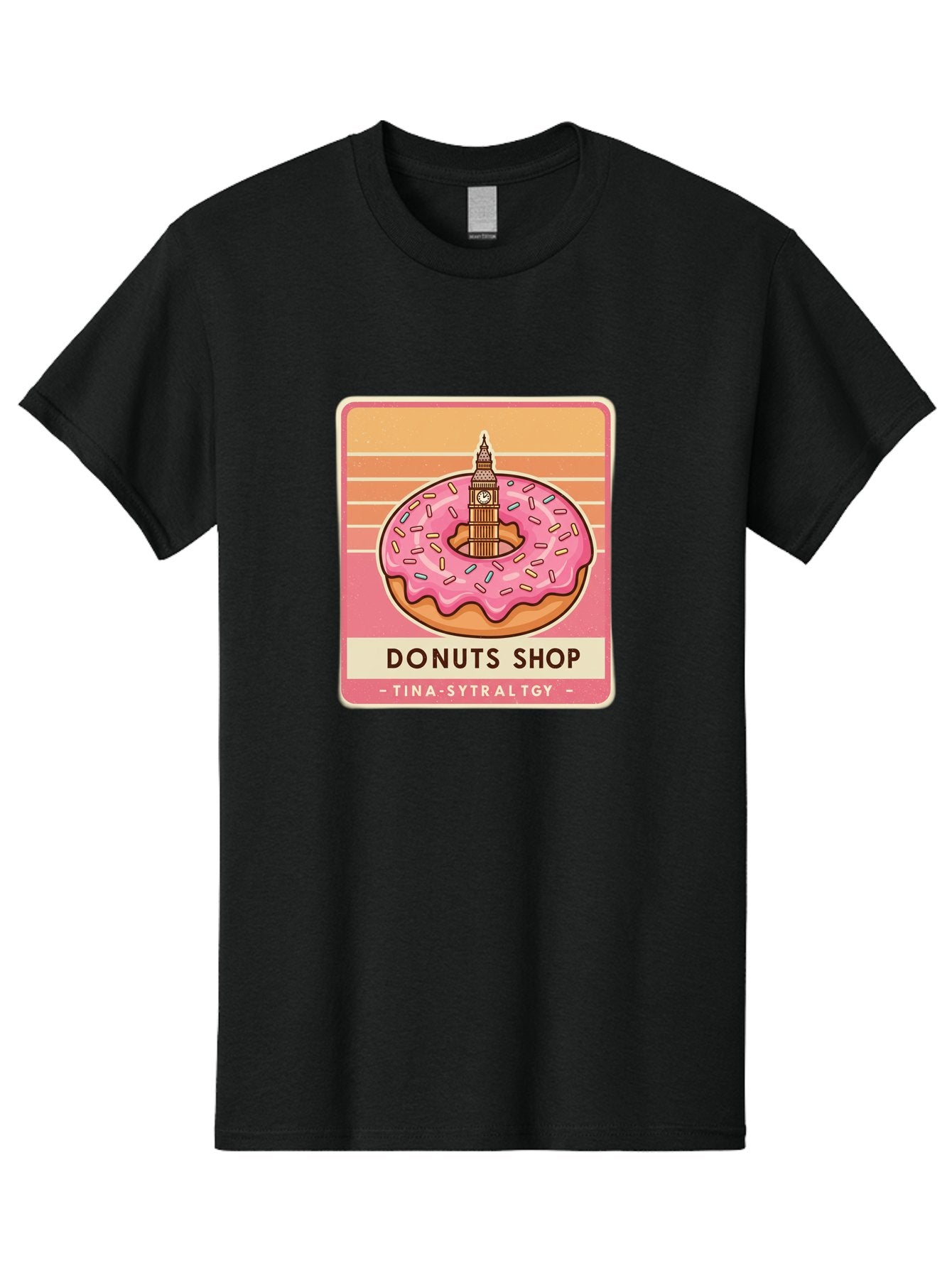 Donuts-Shop Men'S Graphic Tee, 100% Cotton, Comfortable Casual Summer Wear, Machine Washable, Pink Frosted Donut, Colorful Sprinkles, Big Ben On Donut, London Landmark, Sweet Treats, Donut Shop Sign, Tina-Sytraltgy Branding, Tasty Dessert, Baa530 7