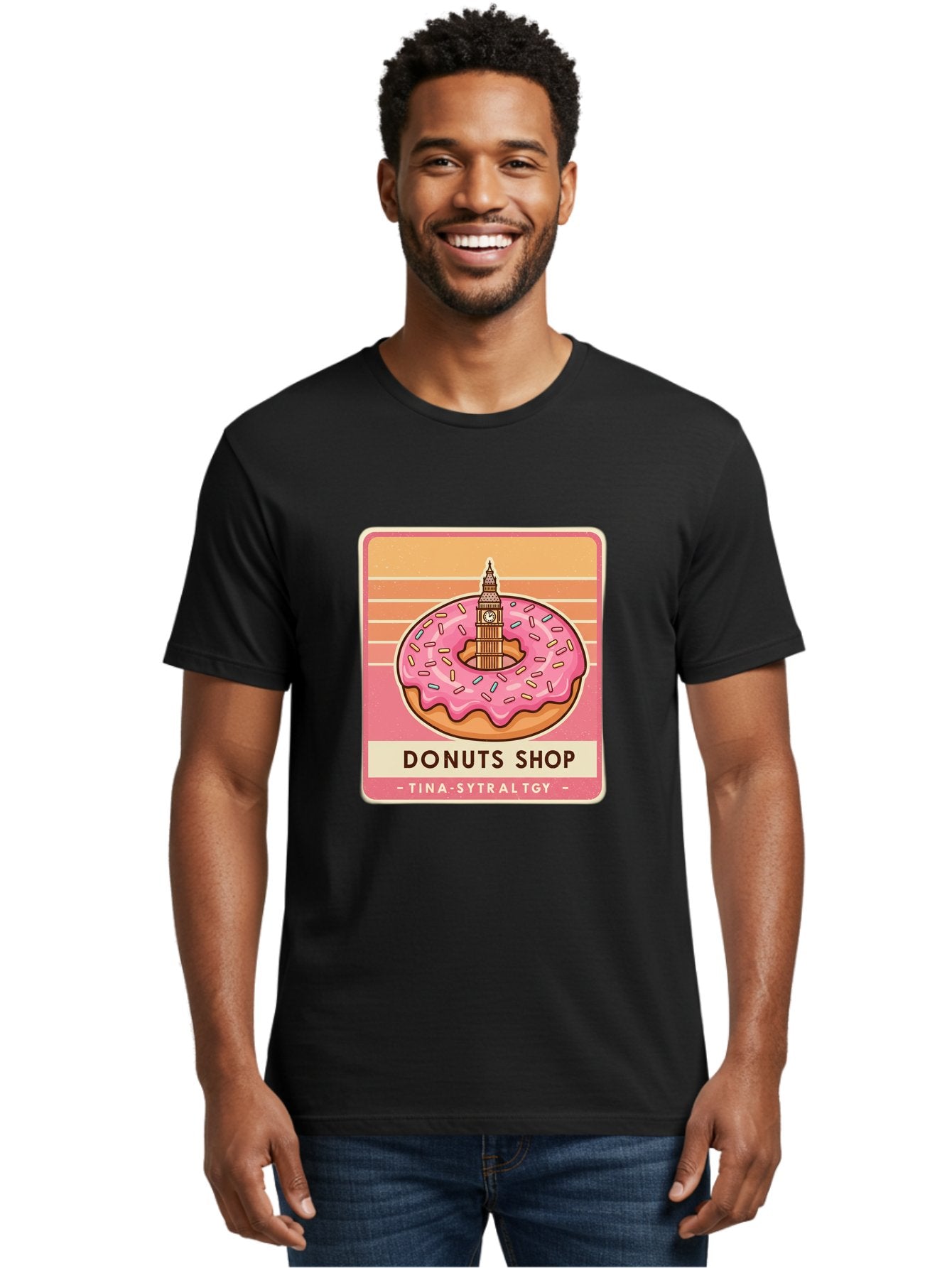 Donuts-Shop Men'S Graphic Tee, 100% Cotton, Comfortable Casual Summer Wear, Machine Washable, Pink Frosted Donut, Colorful Sprinkles, Big Ben On Donut, London Landmark, Sweet Treats, Donut Shop Sign, Tina-Sytraltgy Branding, Tasty Dessert, Baa530 16