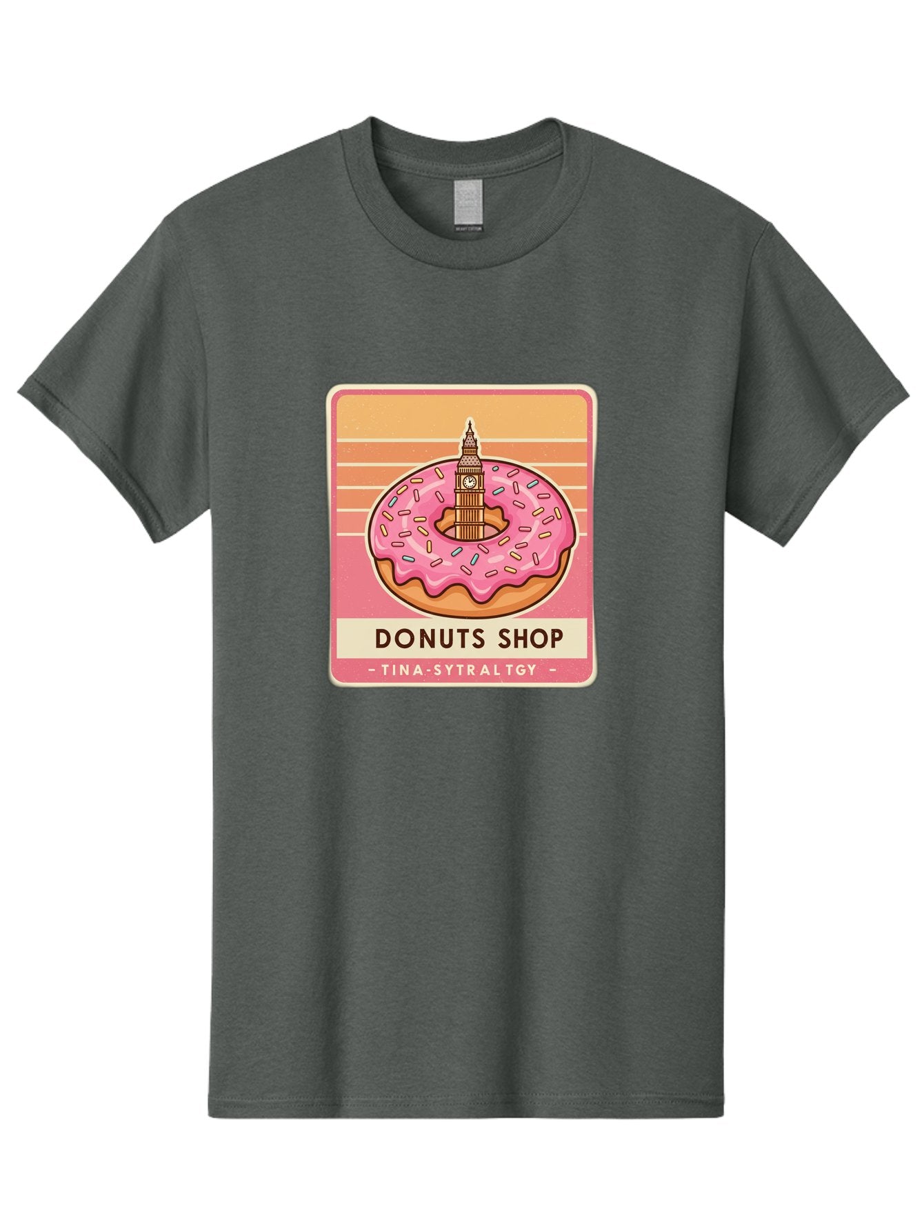 Donuts-Shop Men'S Graphic Tee, 100% Cotton, Comfortable Casual Summer Wear, Machine Washable, Pink Frosted Donut, Colorful Sprinkles, Big Ben On Donut, London Landmark, Sweet Treats, Donut Shop Sign, Tina-Sytraltgy Branding, Tasty Dessert, Baa530