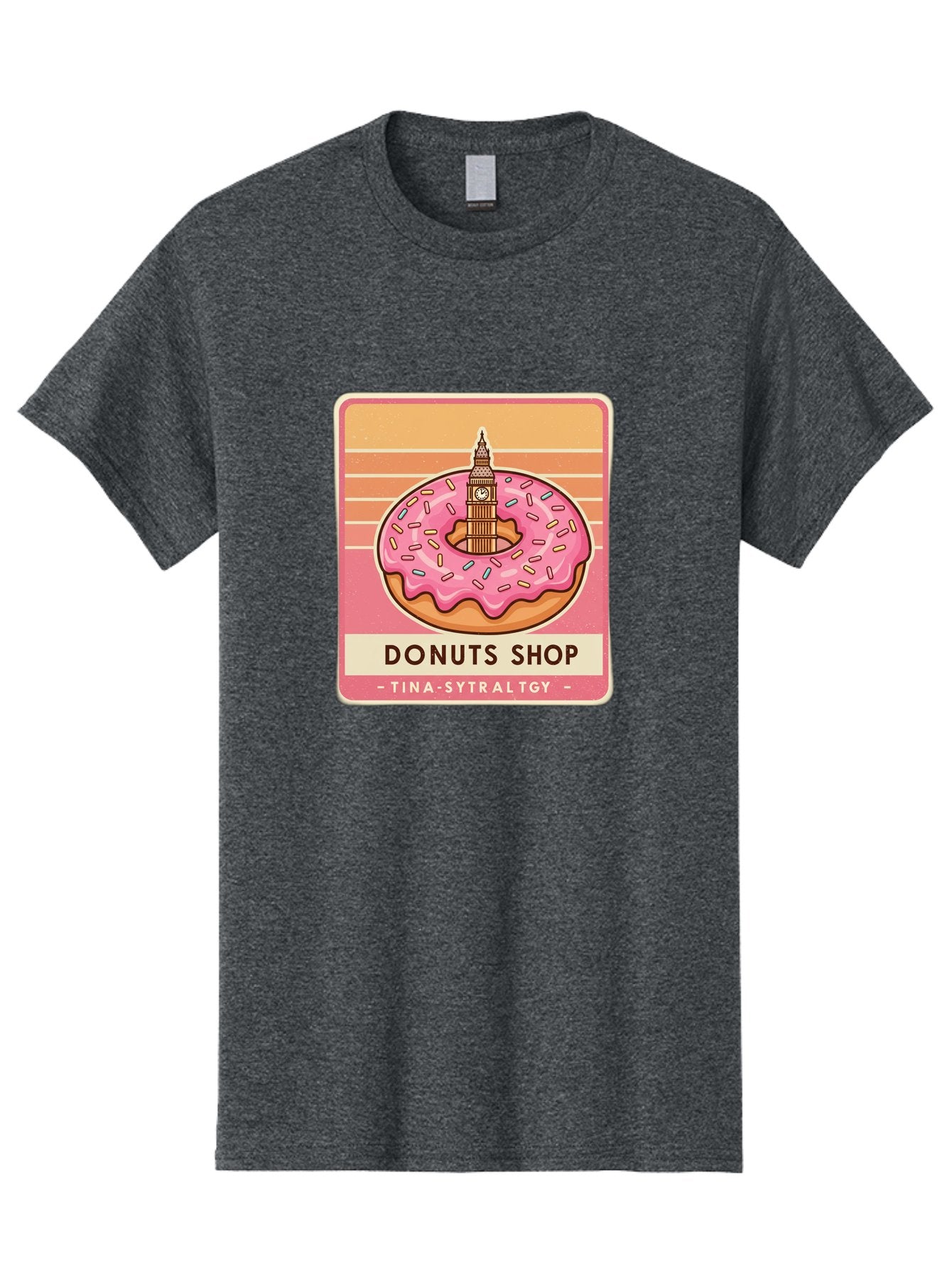 Donuts-Shop Men'S Graphic Tee, 100% Cotton, Comfortable Casual Summer Wear, Machine Washable, Pink Frosted Donut, Colorful Sprinkles, Big Ben On Donut, London Landmark, Sweet Treats, Donut Shop Sign, Tina-Sytraltgy Branding, Tasty Dessert, Baa530 6