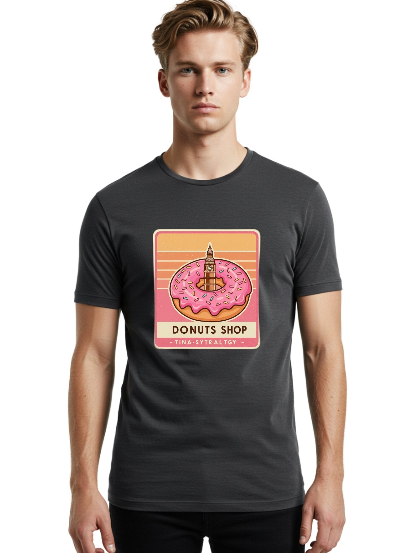 Donuts-Shop Men'S Graphic Tee, 100% Cotton, Comfortable Casual Summer Wear, Machine Washable, Pink Frosted Donut, Colorful Sprinkles, Big Ben On Donut, London Landmark, Sweet Treats, Donut Shop Sign, Tina-Sytraltgy Branding, Tasty Dessert, Baa530 24